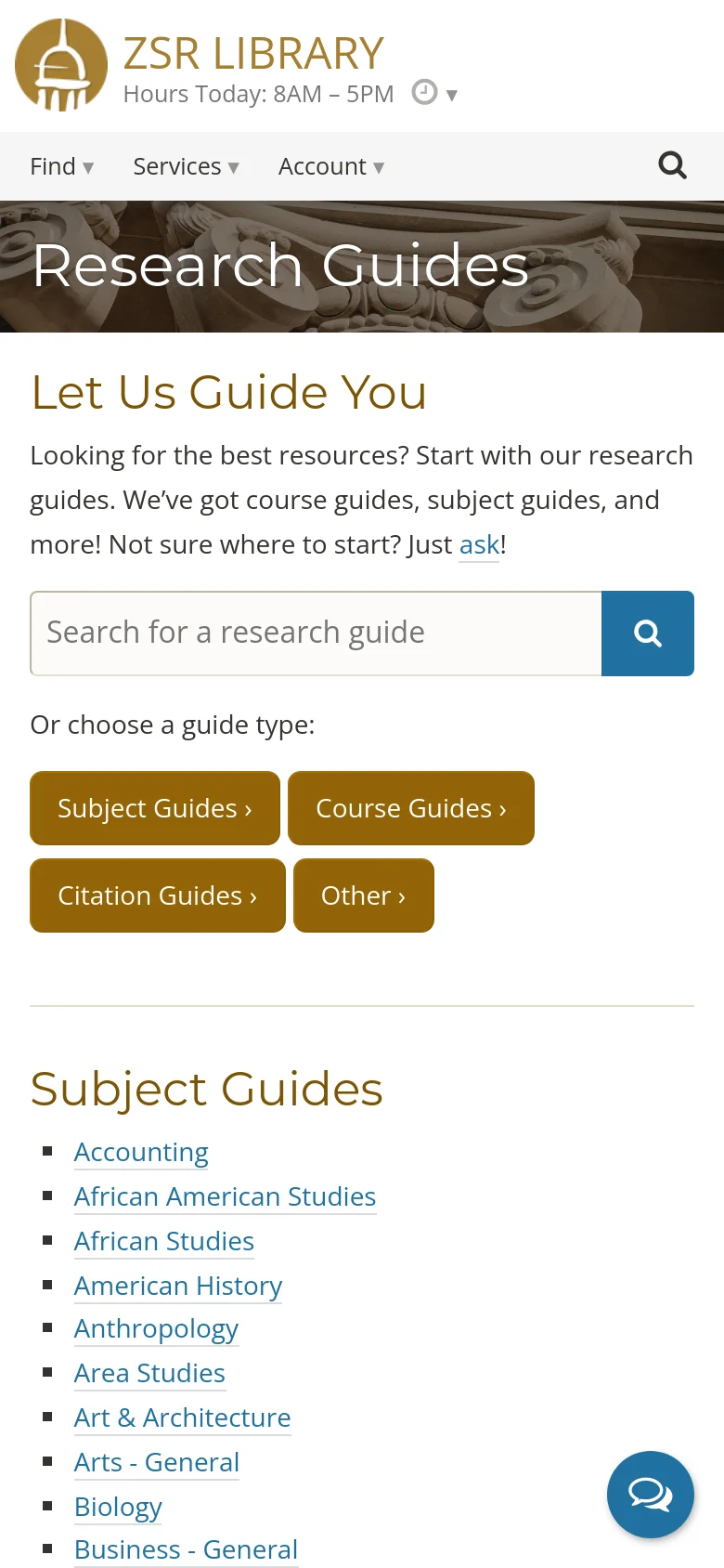 The mobile version presents a single-column vertical layout optimized for small screens. The hero image and title remain at the top, followed by the search bar and guide type buttons, which now stack vertically. The subject guides list is simplified into a single long column for easier scrolling on a phone.