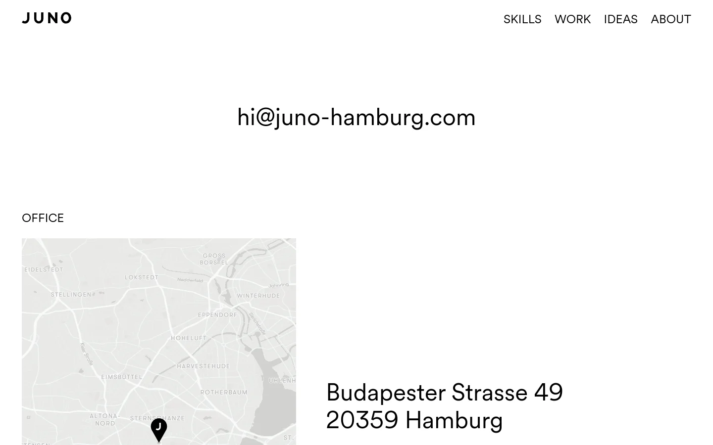 The desktop contact page features a minimalist white layout with the agency name 'JUNO' in the top left and navigation links on the right. A large email address is centered in the hero area, followed by an 'Office' section containing a light gray Mapbox map and the physical address in Hamburg.