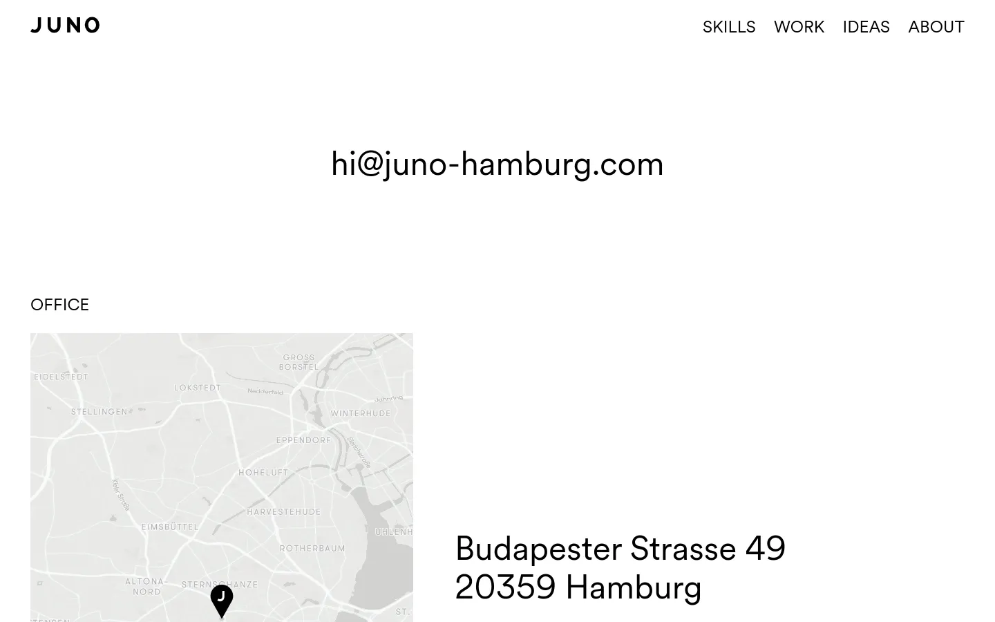 The desktop contact page features a minimalist white layout with the agency name 'JUNO' in the top left and navigation links on the right. A large email address is centered in the hero area, followed by an 'Office' section containing a light gray Mapbox map and the physical address in Hamburg.