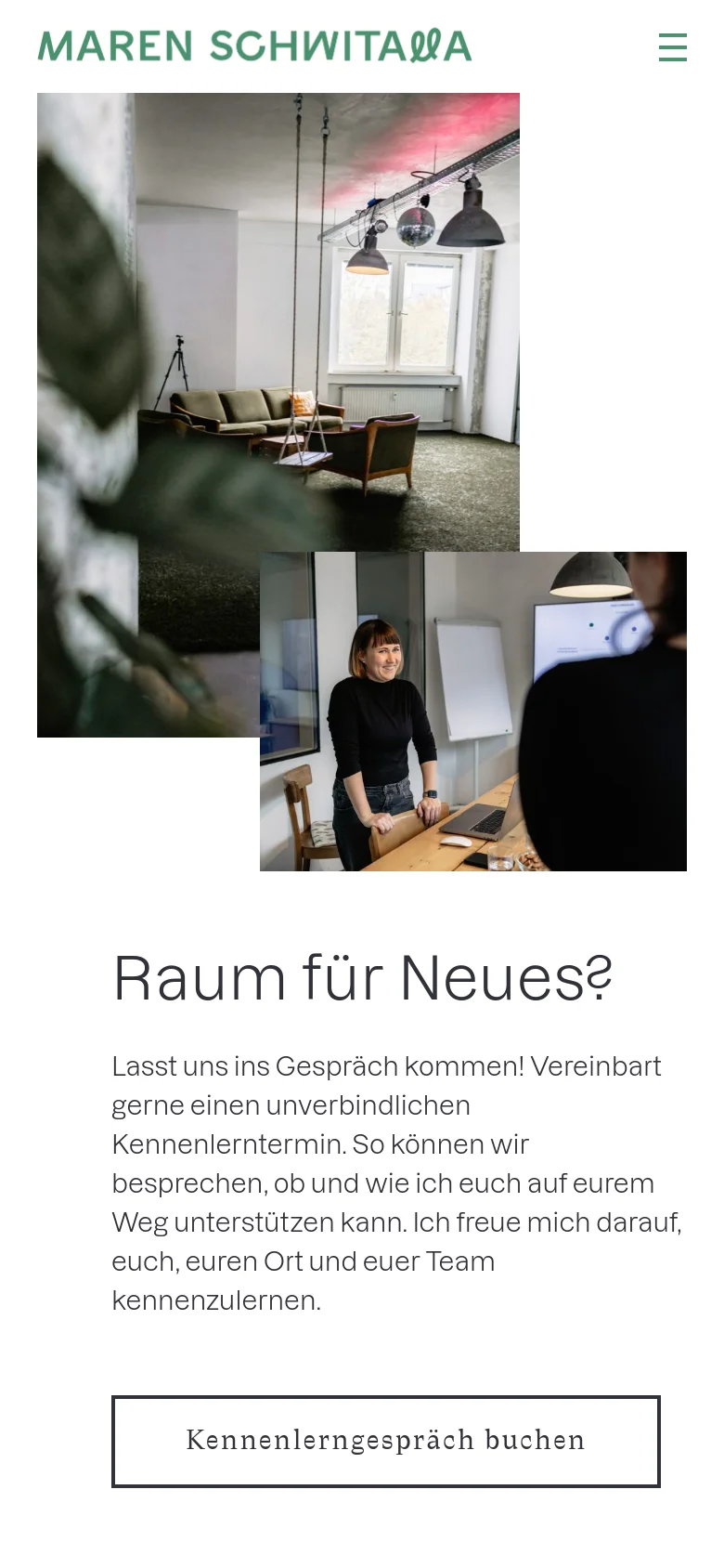 The mobile version uses a single-column vertical layout. The two overlapping interior and workspace images are stacked at the top, followed by the headline, descriptive text, and a full-width 'Kennenlerngespräch buchen' button below.