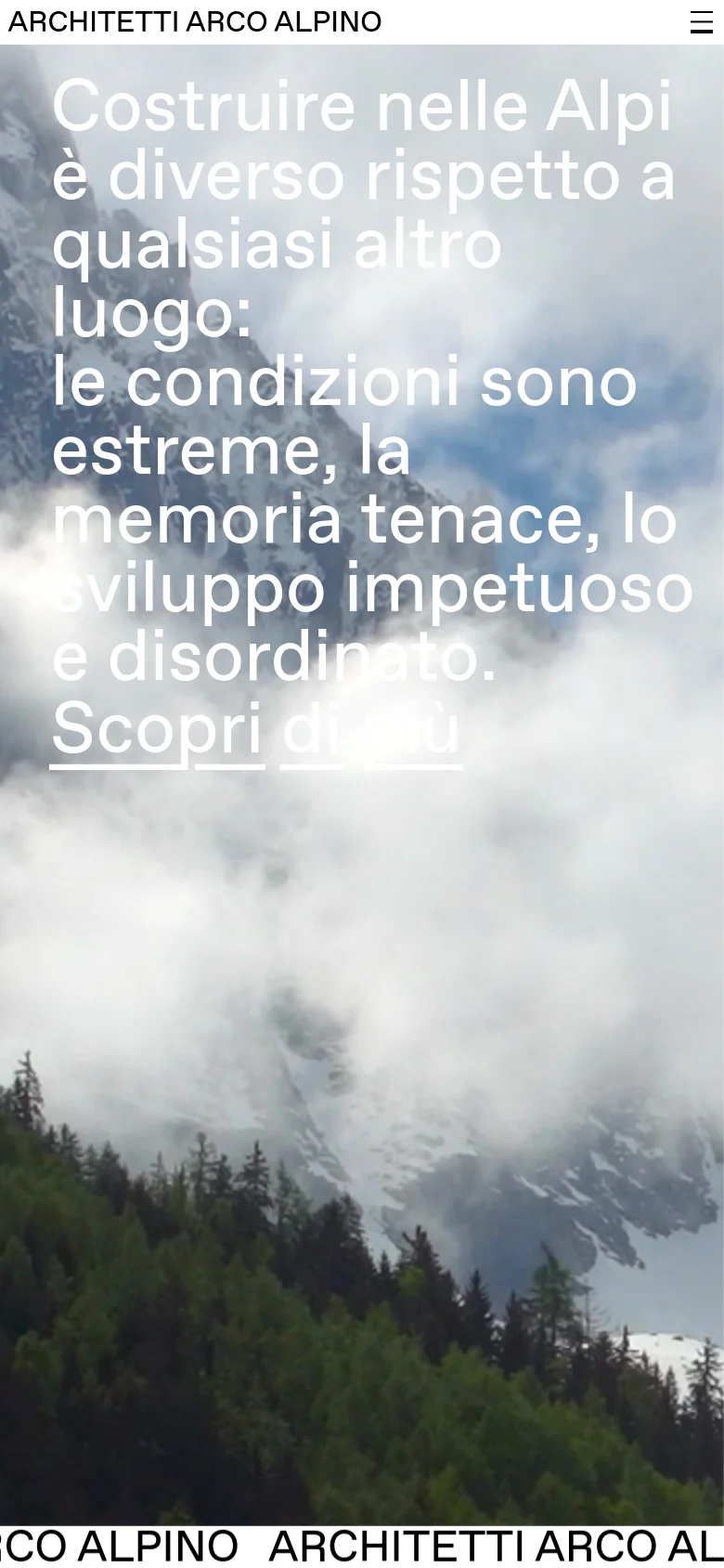 The mobile version maintains the same minimalist aesthetic, featuring the title and menu icon at the top. The hero section is vertically oriented, displaying the mountain landscape and large white text prominently to fill the screen. The primary visual focus remains the atmospheric mountain imagery and the central call to action.