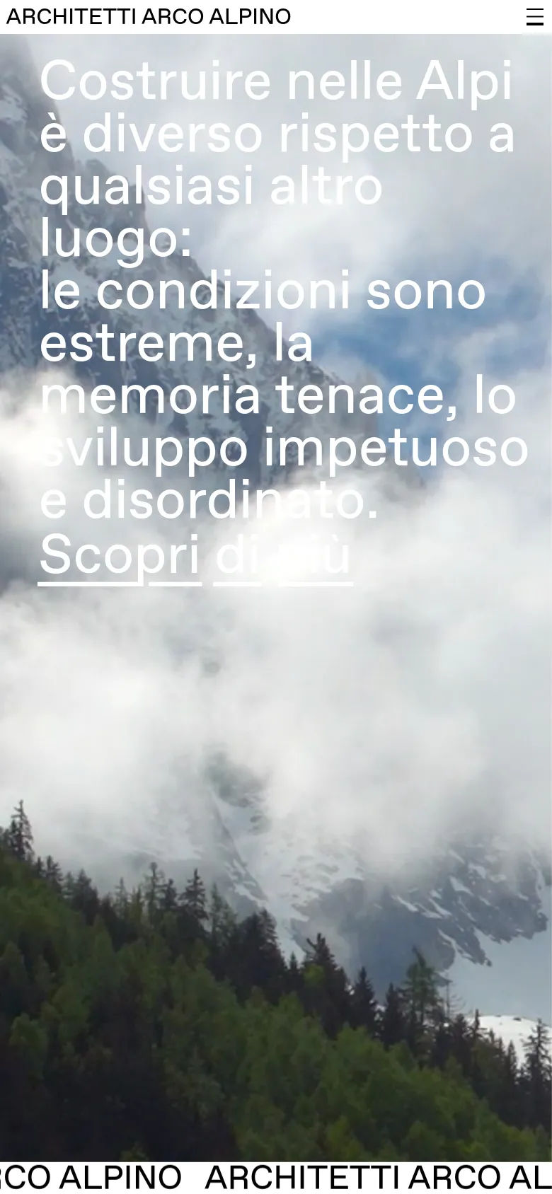The mobile version maintains the same minimalist aesthetic, featuring the title and menu icon at the top. The hero section is vertically oriented, displaying the mountain landscape and large white text prominently to fill the screen. The primary visual focus remains the atmospheric mountain imagery and the central call to action.