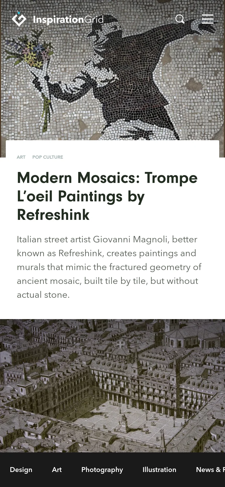 The mobile version presents a vertically stacked layout, starting with a full-width hero image of a mosaic painting. The navigation is condensed into a hamburger menu and a search icon at the top, while the featured article headline and description appear in a large, readable white block below the image.