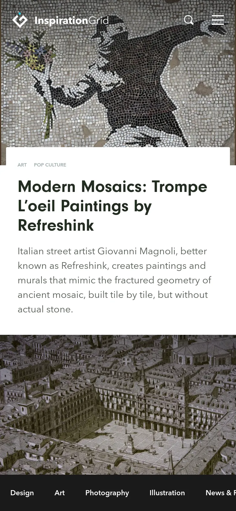 The mobile version presents a vertically stacked layout, starting with a full-width hero image of a mosaic painting. The navigation is condensed into a hamburger menu and a search icon at the top, while the featured article headline and description appear in a large, readable white block below the image.