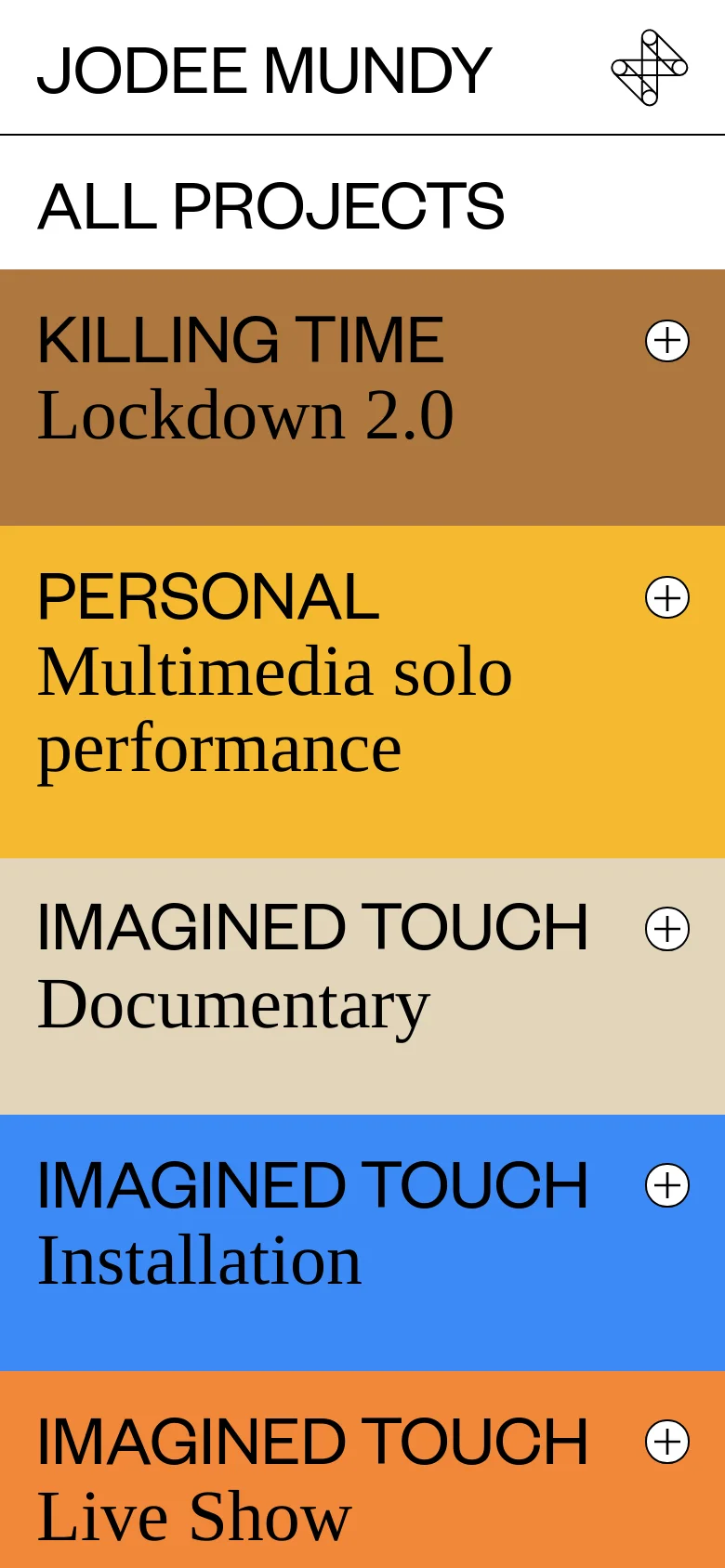 The mobile version maintains the same minimalist aesthetic and color-blocked project list as the desktop version. The layout is simplified into a single vertical column of large, full-width colored bars, each featuring a project title, description, and a plus icon on the right side for easier tapping.