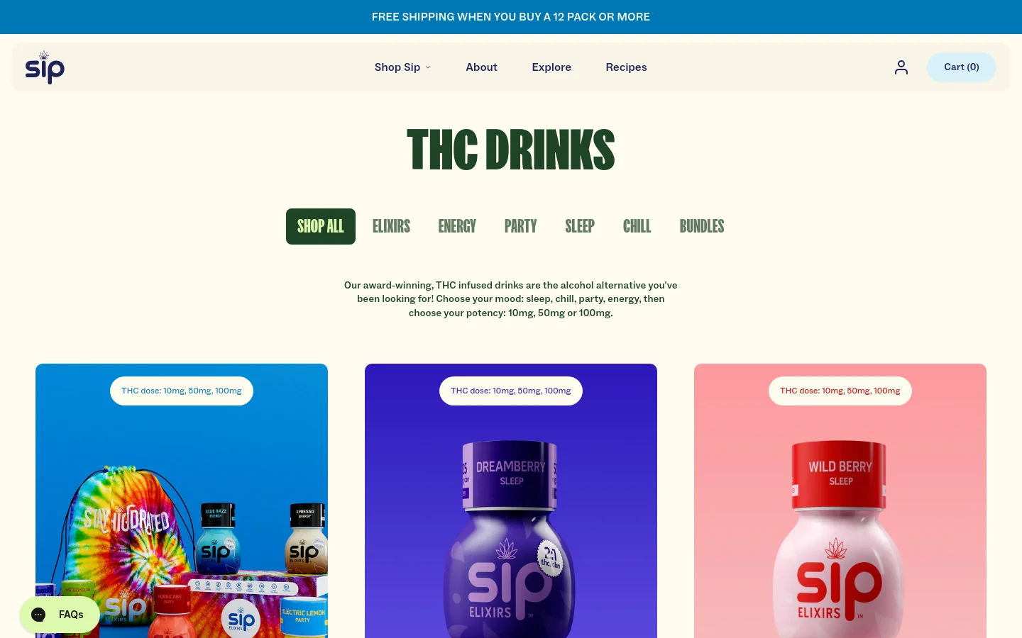 The desktop page for Sip Elixirs features a clean, minimalist layout with a cream background and bold dark green typography. A large 'THC DRINKS' headline is followed by a horizontal navigation menu with buttons for 'Shop All', 'Elixirs', and various mood categories. Below, a product grid displays colorful, vibrant images of THC-infused drink bottles against bright blue, purple, and coral backgrounds.