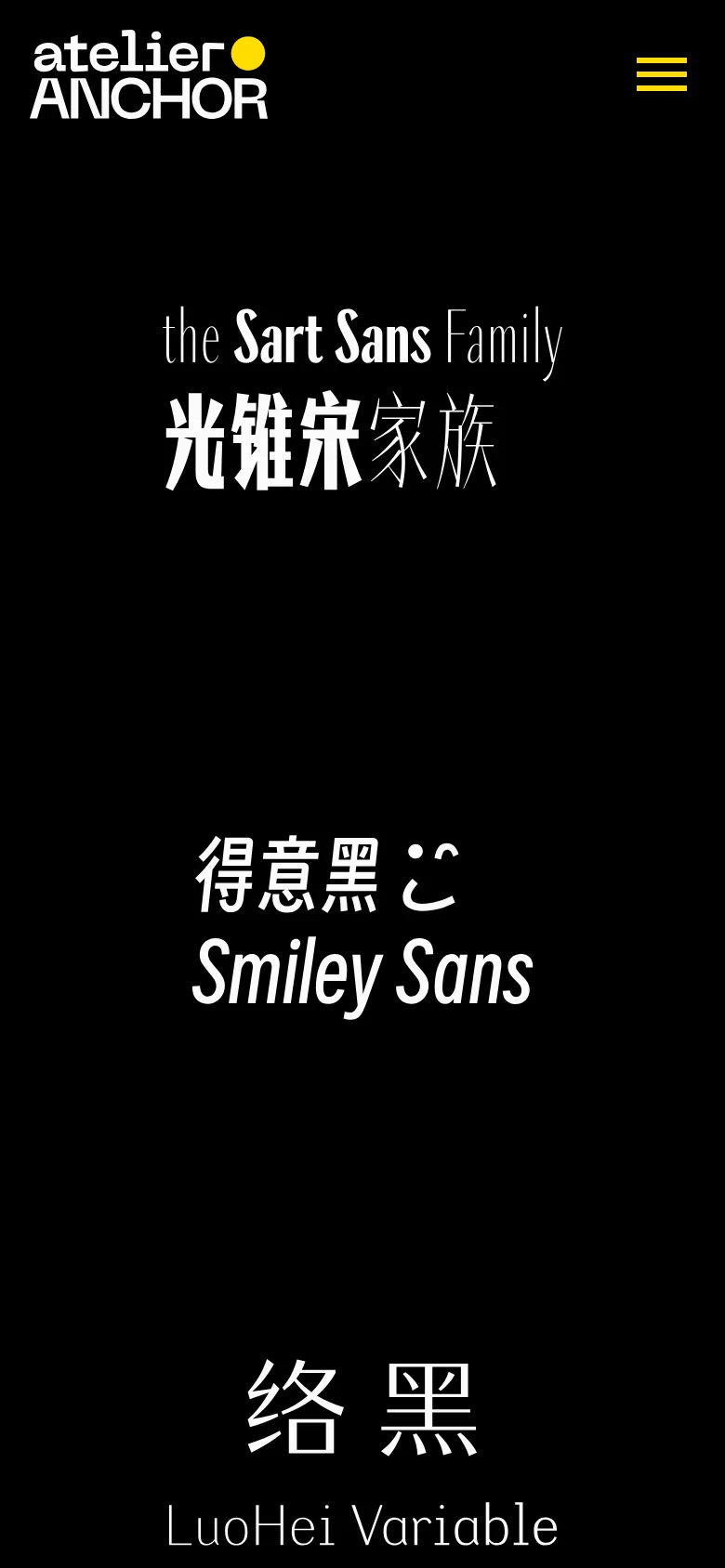 The mobile version maintains the black background and white typography but uses a condensed single-column layout. The navigation menu is replaced by a yellow hamburger icon in the top right, and the typeface specimens are centered vertically for easier scrolling on a small screen.