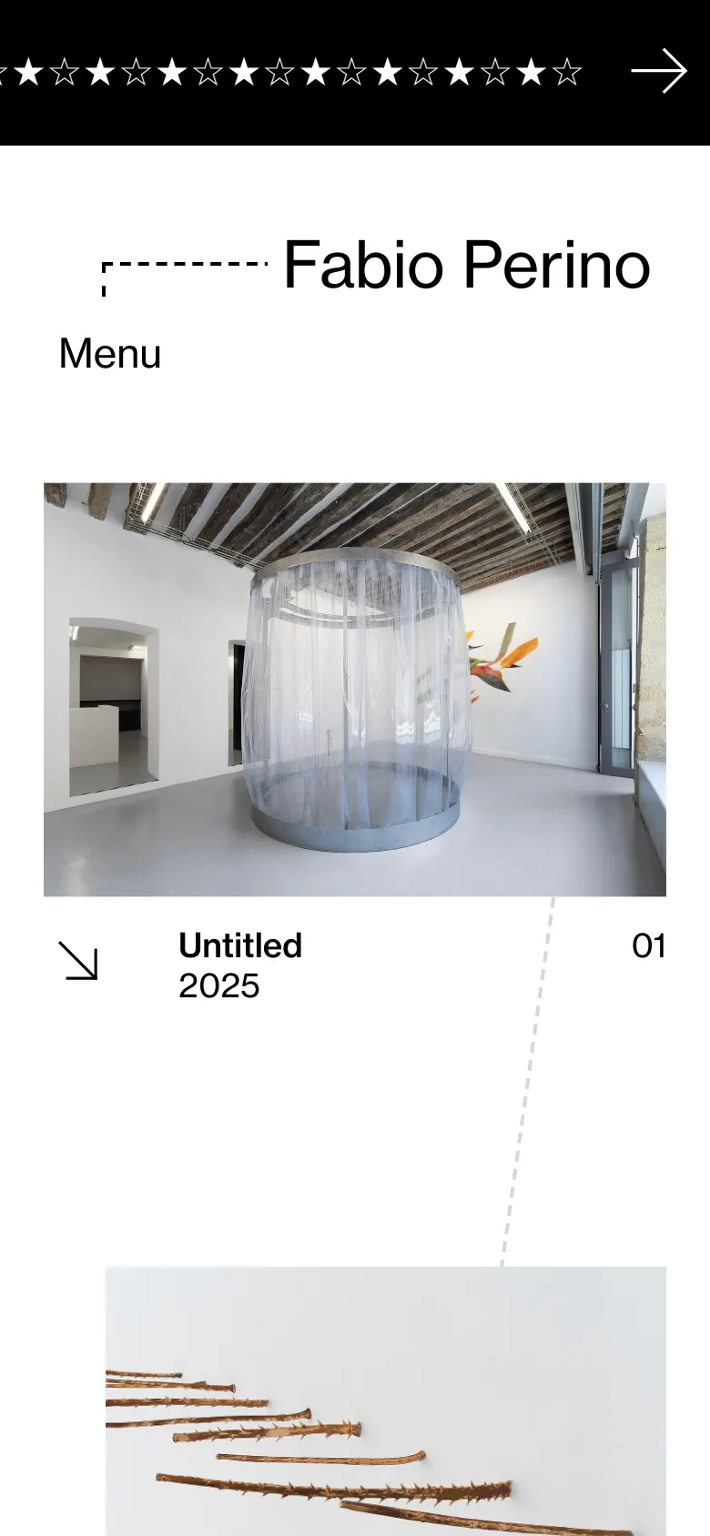 The mobile version simplifies the layout into a vertical stack, beginning with a star border and the artist's name. The navigation is condensed into a single 'Menu' label, and the hero image and project titles are centered to fit the narrower screen width.