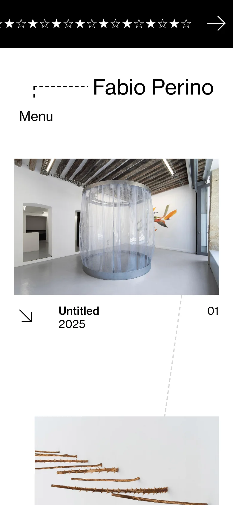 The mobile version simplifies the layout into a vertical stack, beginning with a star border and the artist's name. The navigation is condensed into a single 'Menu' label, and the hero image and project titles are centered to fit the narrower screen width.