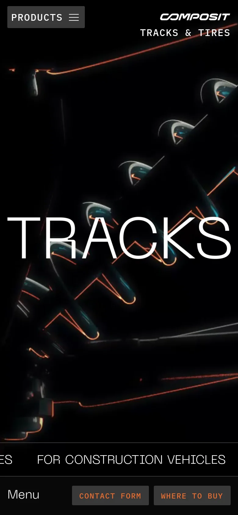 The mobile version presents a vertically stacked layout starting with a full-width hero image of a track with the word 'TRACKS' in large white letters. A 'Products' hamburger menu is prominent at the top left, and the bottom navigation provides easy-to-tap buttons for 'Contact Form' and 'Where to Buy'.