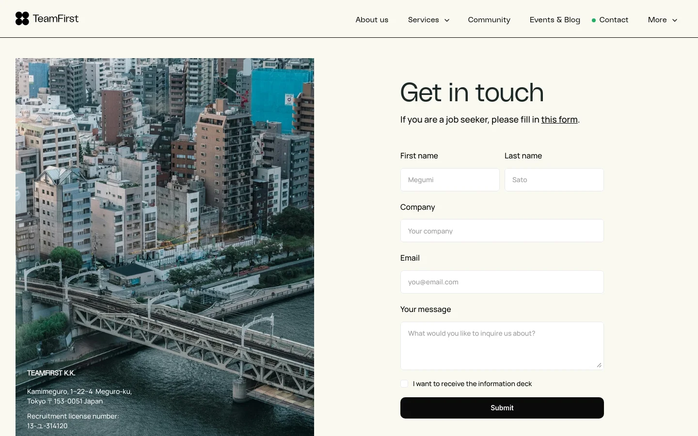 The desktop Contact page features a split layout with a large vertical cityscape photo of Tokyo on the left and a 'Get in touch' contact form on the right. The form includes fields for name, company, email, and message, set against a clean white background with a black 'Submit' button. A navigation bar at the top contains links for About us, Services, Community, Events & Blog, and Contact.