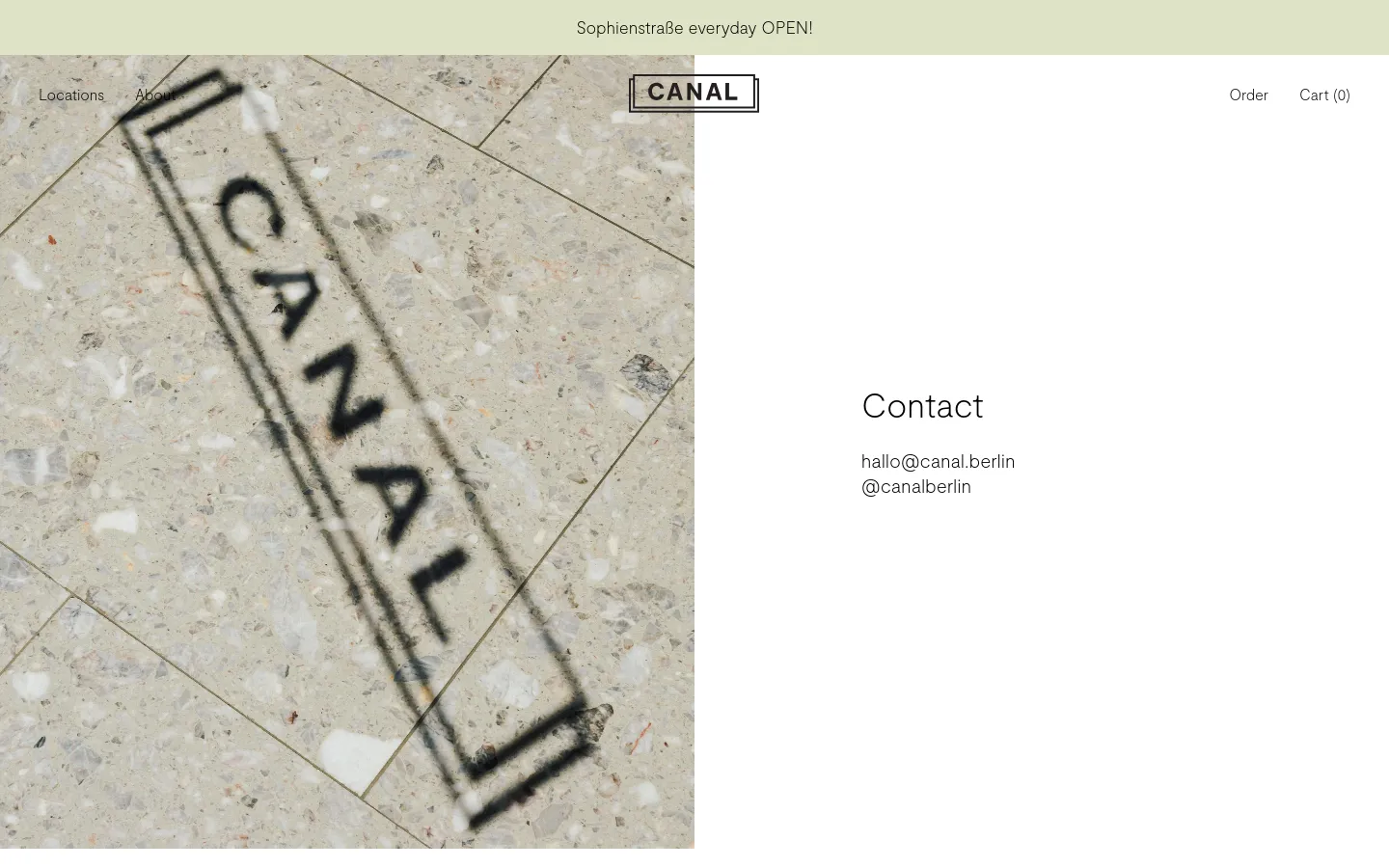 The desktop Contact page features a split layout with a large hero image on the left showing a close-up of the word 'CANAL' stenciled on a light-colored stone floor. On the right, against a white background, is the 'Contact' heading followed by an email address and Instagram handle. The top navigation includes the Canal logo, links for Locations, About, and Order, and a Cart icon.