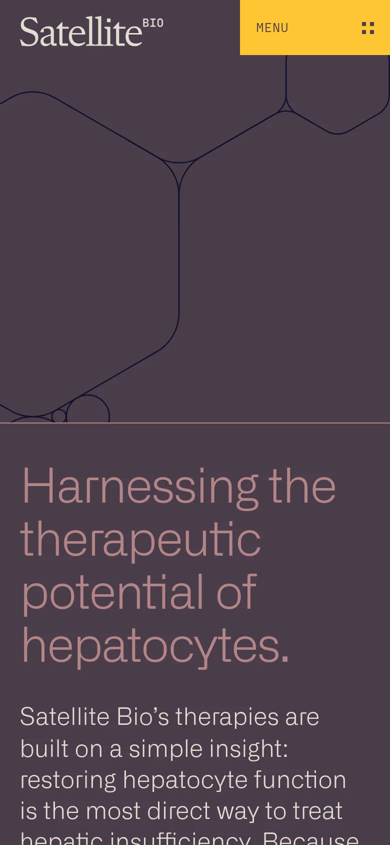 The mobile version maintains the dark purple theme and geometric hexagon art but rearranges the layout for a vertical screen. The 'Satellite Bio' logo is positioned at the top left, while the 'MENU' button is a prominent horizontal yellow bar spanning the top right. The main headline is centered and stacked vertically below the header.