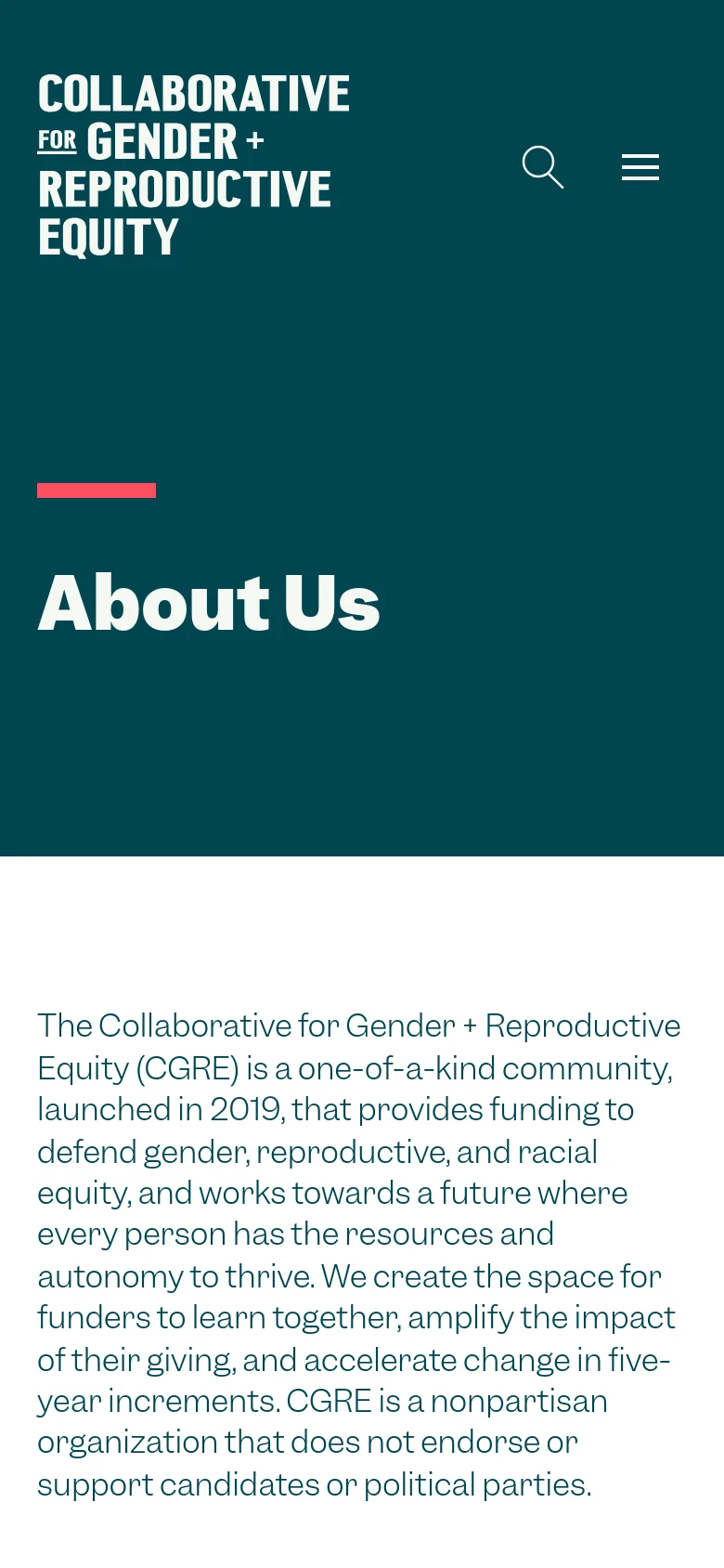 The mobile version simplifies the header to show the organization's logo on the left, a search icon, and a hamburger menu icon on the right against a teal background. The hero section remains similar with the 'About Us' headline and coral accent, but the layout is vertically stacked for a smaller screen. The mission statement text follows below on a white background.