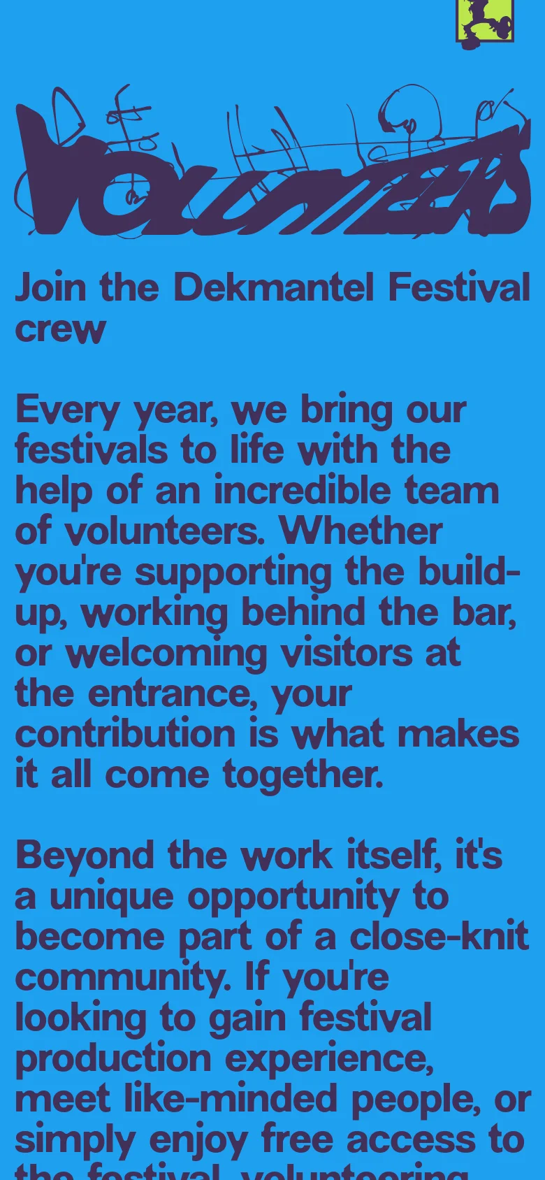 The mobile version uses a single-column layout on a bright blue background. The large 'Volunteers' graphic and headline are stacked vertically at the top, followed by the descriptive text, with the photo removed from the immediate view to prioritize text readability.