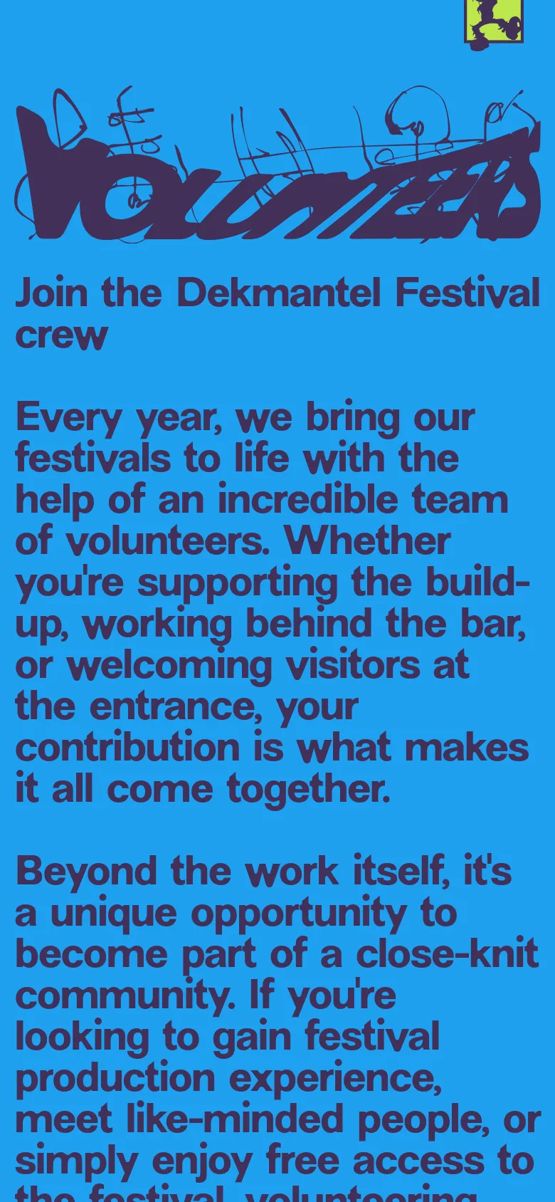 The mobile version uses a single-column layout on a bright blue background. The large 'Volunteers' graphic and headline are stacked vertically at the top, followed by the descriptive text, with the photo removed from the immediate view to prioritize text readability.