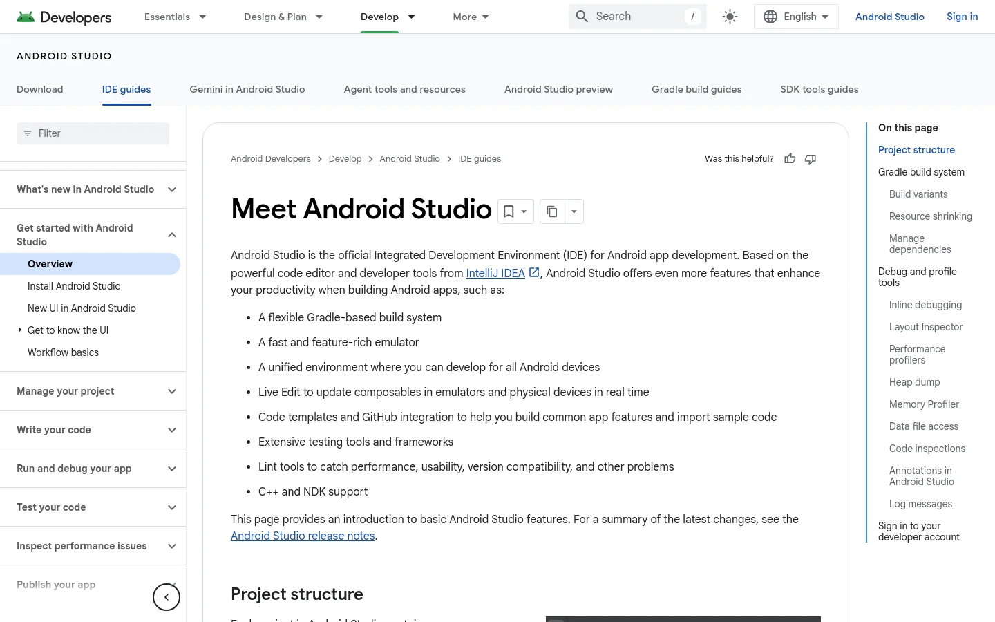 Desktop view of the 'Meet Android Studio' guide page. The layout features a top navigation bar with search and language settings, a left-hand sidebar for documentation navigation, and a main content area with a large 'Meet Android Studio' headline. A right-hand 'On this page' sticky menu provides quick links to sections like Project structure and Gradle build system.