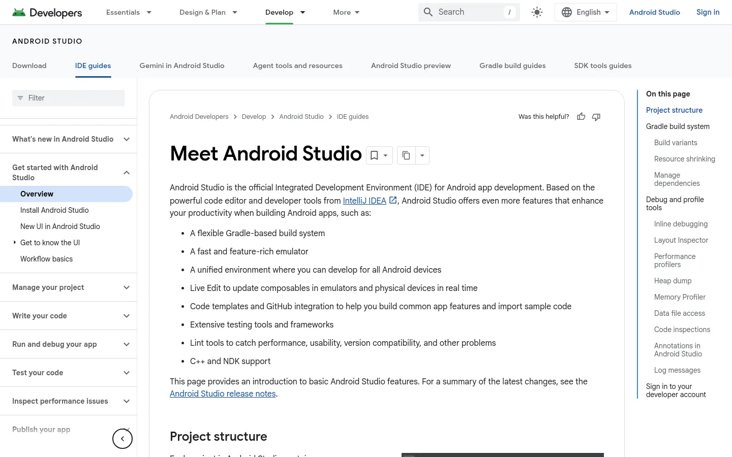 Desktop view of the 'Meet Android Studio' guide page. The layout features a top navigation bar with search and language settings, a left-hand sidebar for documentation navigation, and a main content area with a large 'Meet Android Studio' headline. A right-hand 'On this page' sticky menu provides quick links to sections like Project structure and Gradle build system.