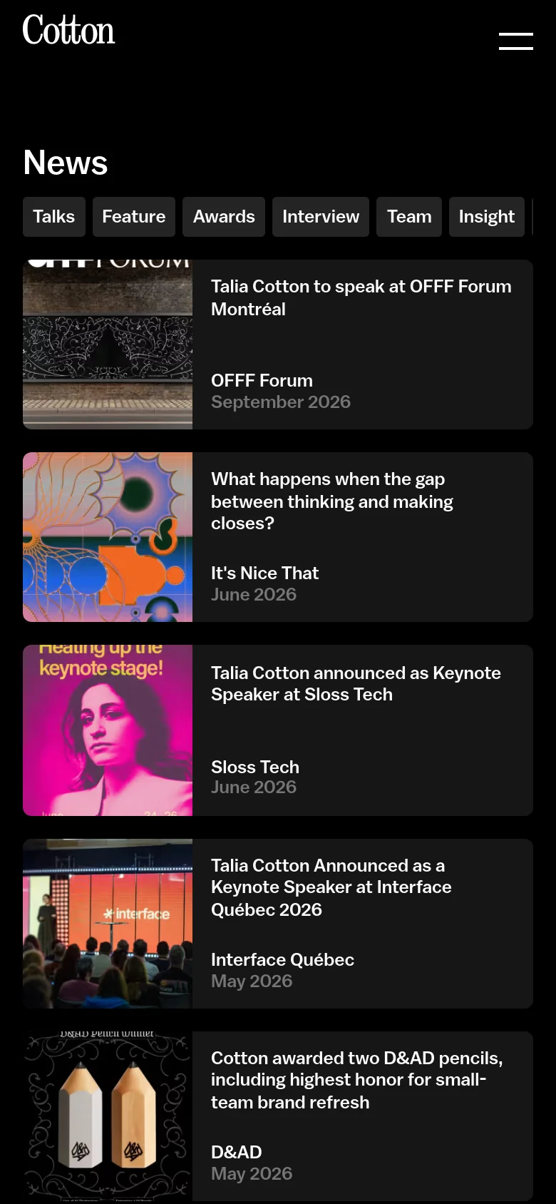 The mobile version displays the news items in a single-column vertical stack rather than a grid. Each news entry consists of a large image followed by a dark card containing the headline, source, and date, optimized for vertical scrolling on a phone.