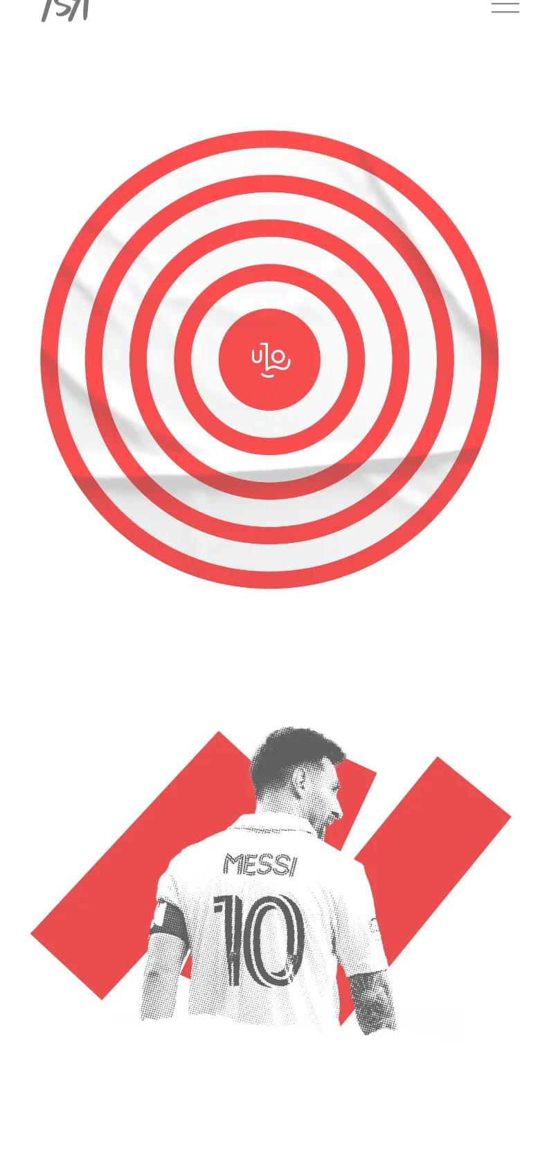 The mobile version presents a simplified vertical layout with a hamburger menu icon in the top right. The large red and white target graphic and the Messi illustration are stacked vertically, occupying the upper portion of the screen to accommodate the narrow viewport.