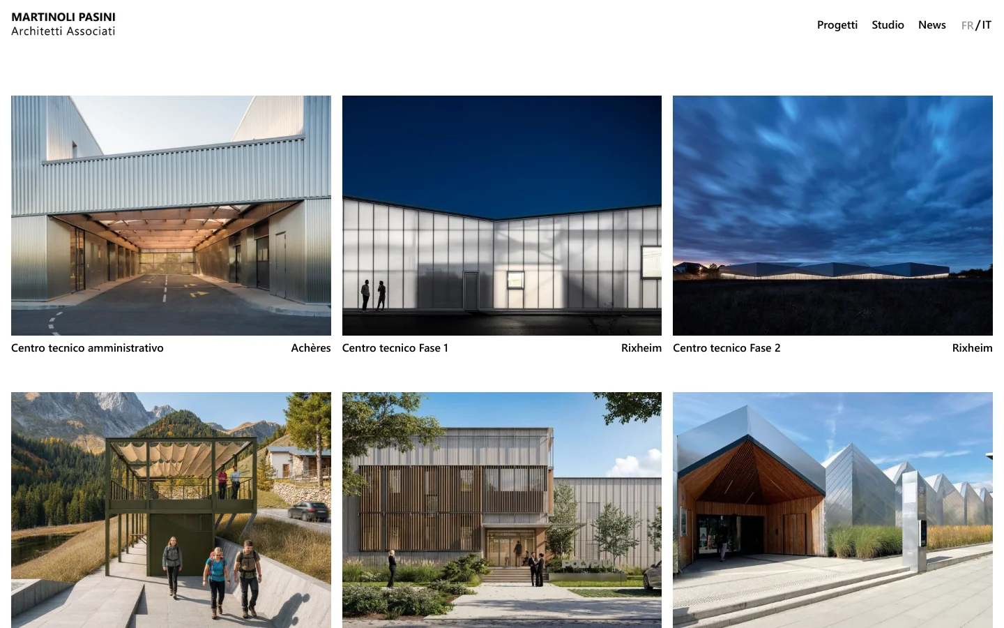 The desktop website features a minimalist white layout with a top navigation bar containing the studio name and links for Progetti, Studio, News, and language selection. Below, a grid of architectural projects is displayed, each consisting of a large rectangular photograph followed by a bold headline and a location subtitle. The images showcase various modern buildings with clean lines and neutral tones.