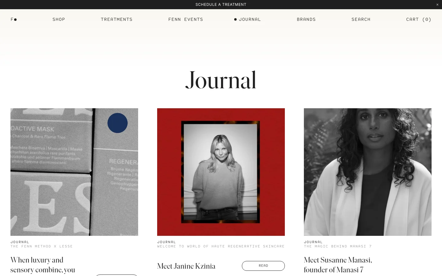 The Journal page features a minimalist white layout with a large 'Journal' heading. A grid of editorial articles is displayed, each consisting of a large vertical image, a 'JOURNAL' label, a bold headline, a short description, and a 'READ' button. The color palette is neutral with high-contrast black text.