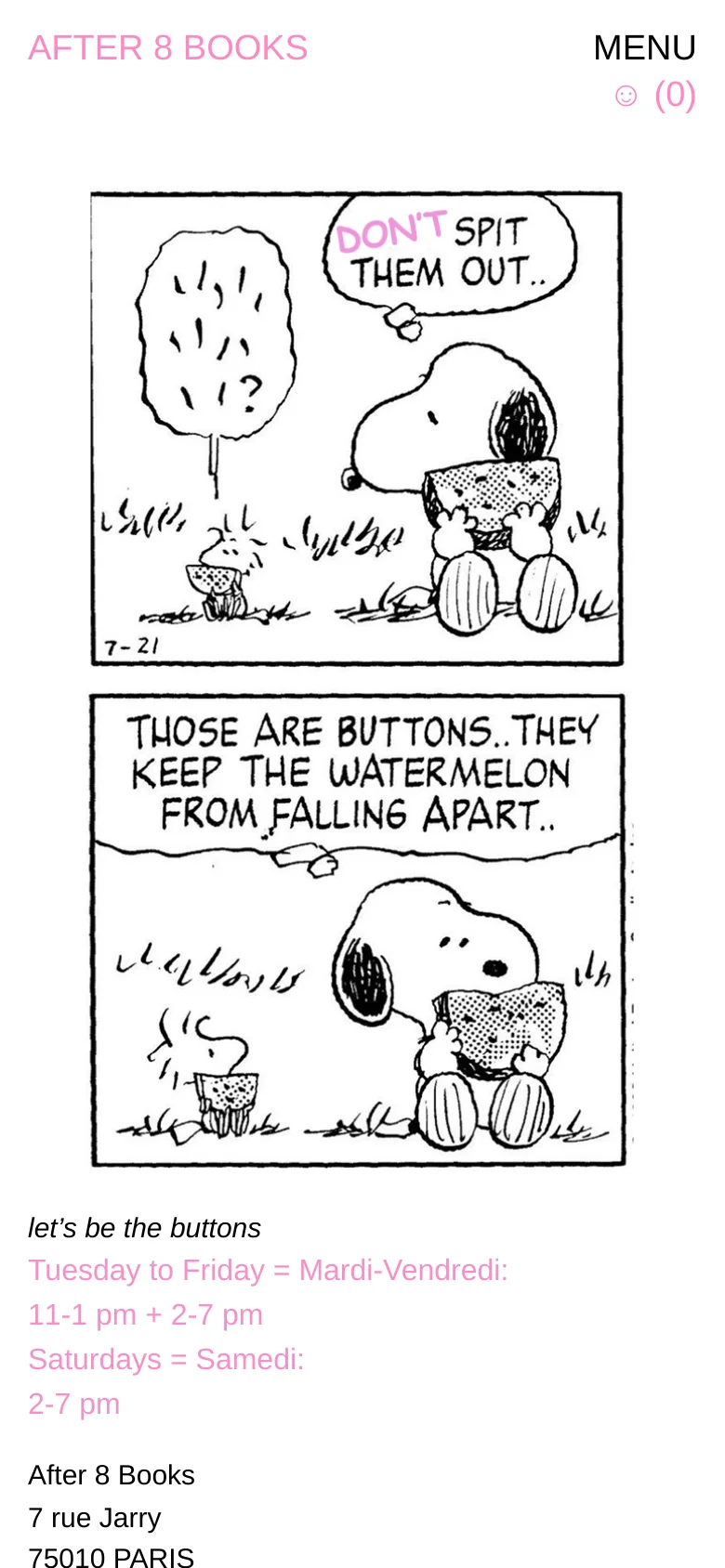 The mobile version uses a simplified layout with a large 'AFTER 8 BOOKS' header and a hamburger menu icon. The central focus is a large, vertically stacked black and white cartoon illustration, followed by the store's operating hours and contact information in pink and black text.