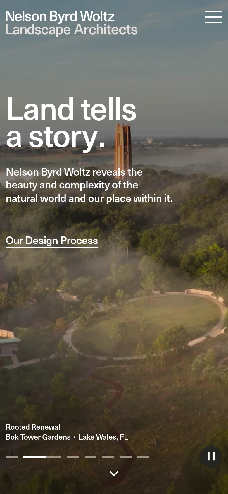 The mobile version displays a vertically oriented hero image of a misty landscape with the same headline and design process link. The navigation is condensed into a hamburger menu icon in the top right, and a progress indicator and down arrow are at the bottom.