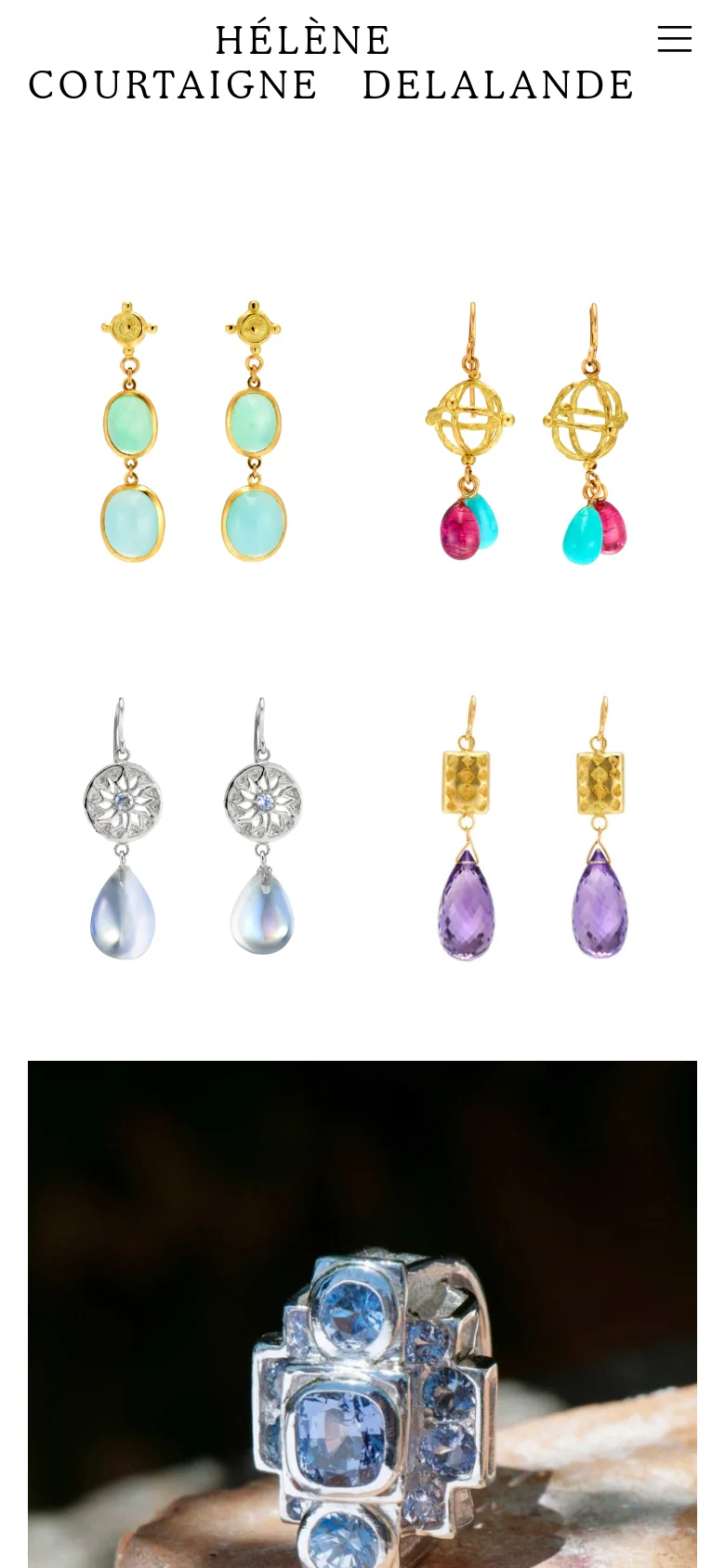 The mobile version presents the same earring collection but in a single-column vertical stack for easier scrolling. The navigation is condensed into a hamburger menu icon at the top right, maintaining the elegant, high-contrast aesthetic.