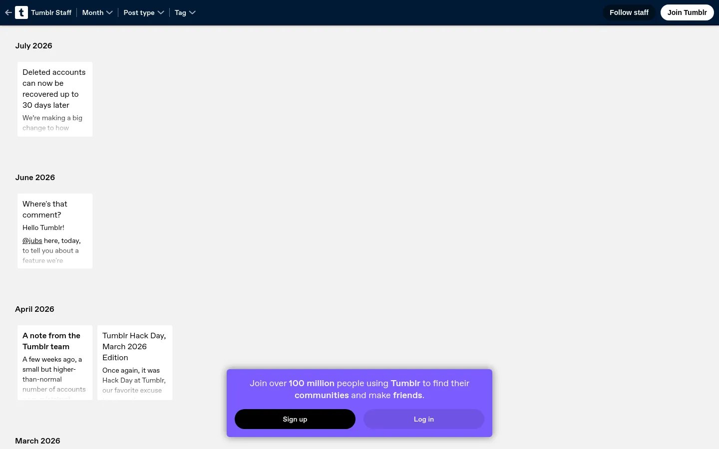 The Tumblr Staff Archive page features a clean, minimalist layout with a light gray background and dark text. Content is organized chronologically by month, such as July 2026 and June 2026, with individual posts displayed as white cards containing headlines and short text excerpts. A top navigation bar includes dropdown menus for Month, Post type, and Tag, alongside buttons to Follow staff or Join Tumblr.