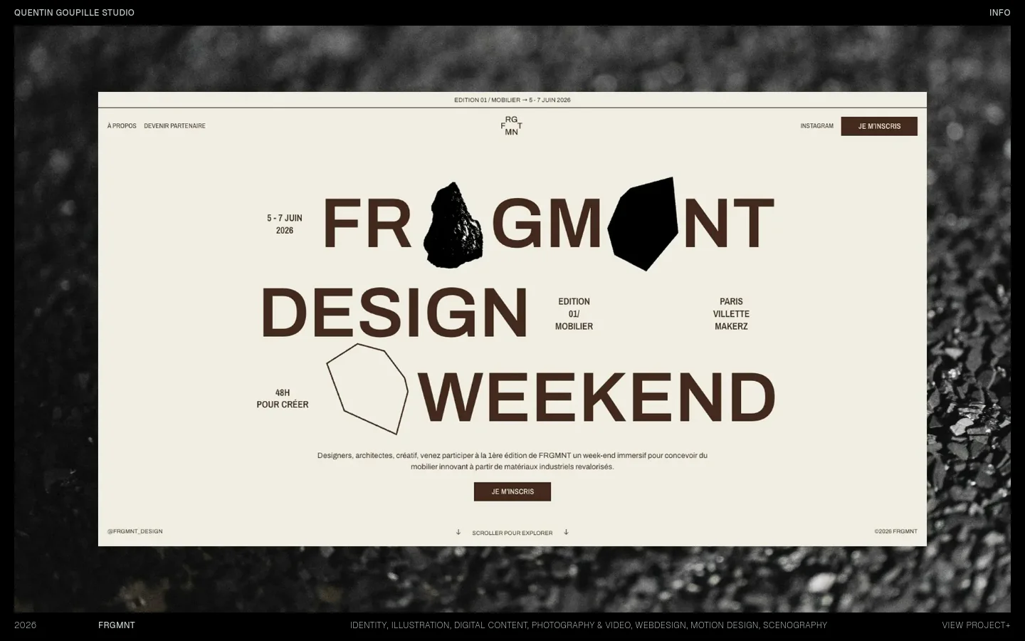 The desktop homepage features a minimalist design with a dark background and a cream-colored content area. A vertical list of creative projects is displayed, each showcasing a large cover image, the project year, title, service tags, and a 'view project' link. The navigation menu is simple, located at the top with 'Quentin Goupille Studio' on the left and 'Info' on the right.