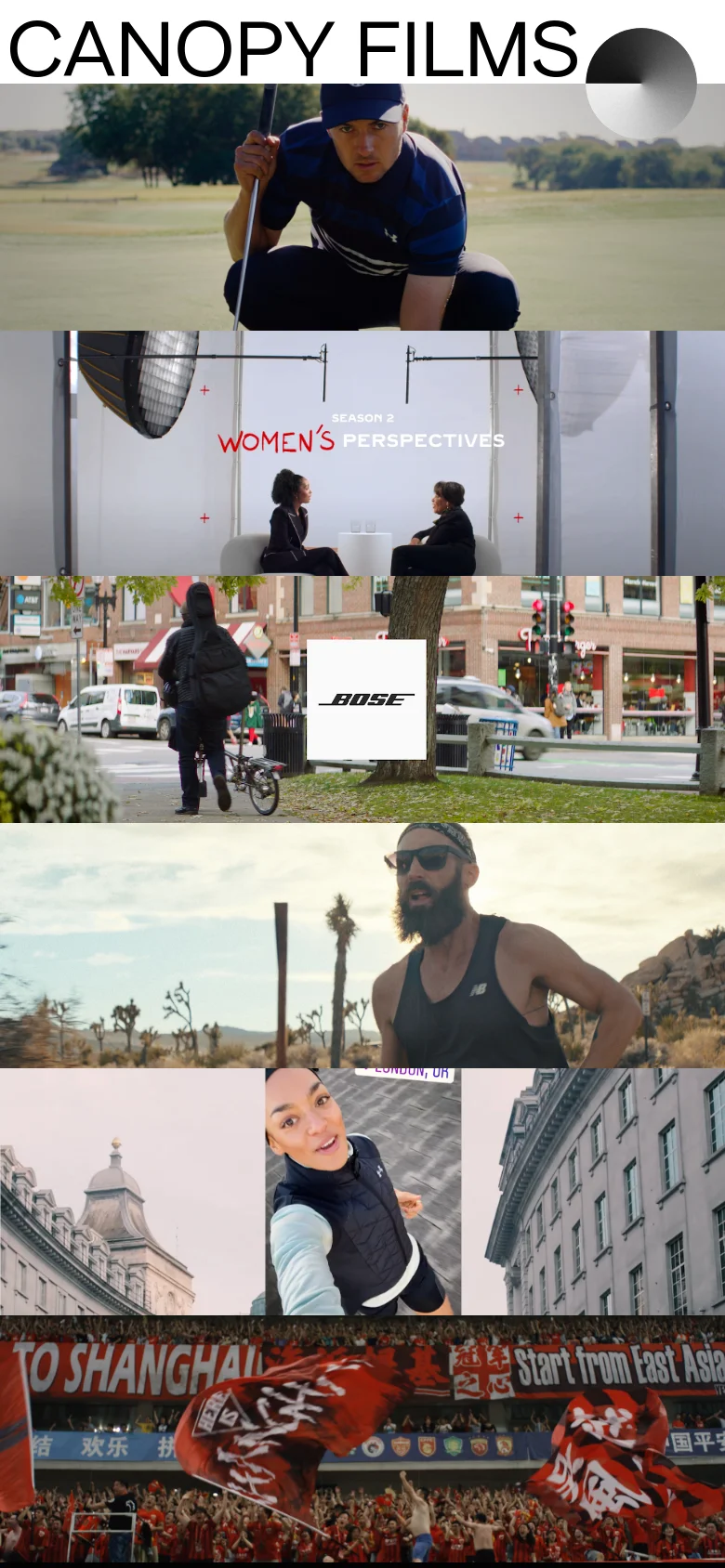 The mobile version presents a vertically stacked layout where the large video project thumbnails occupy the full width of the screen. The navigation menu is absent from the top, focusing entirely on a continuous scroll of cinematic imagery from the production portfolio.