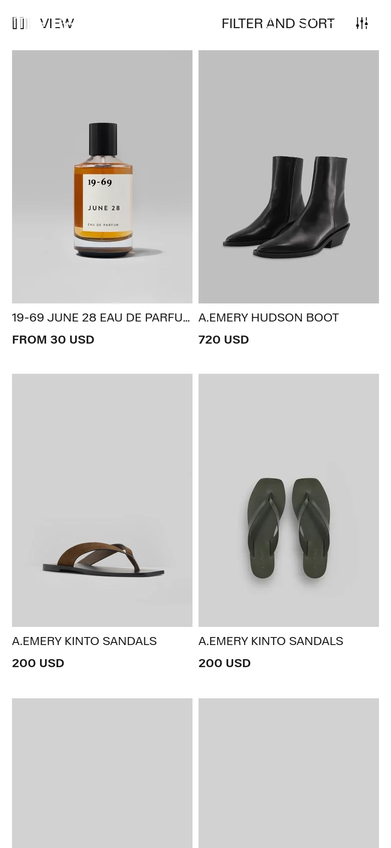 The mobile version displays the same product grid but in a more compact two-column layout to fit the narrower screen. The product images, names, and prices remain consistent with the desktop version, while the 'VIEW' and 'FILTER AND SORT' options are positioned at the top for easy thumb access.