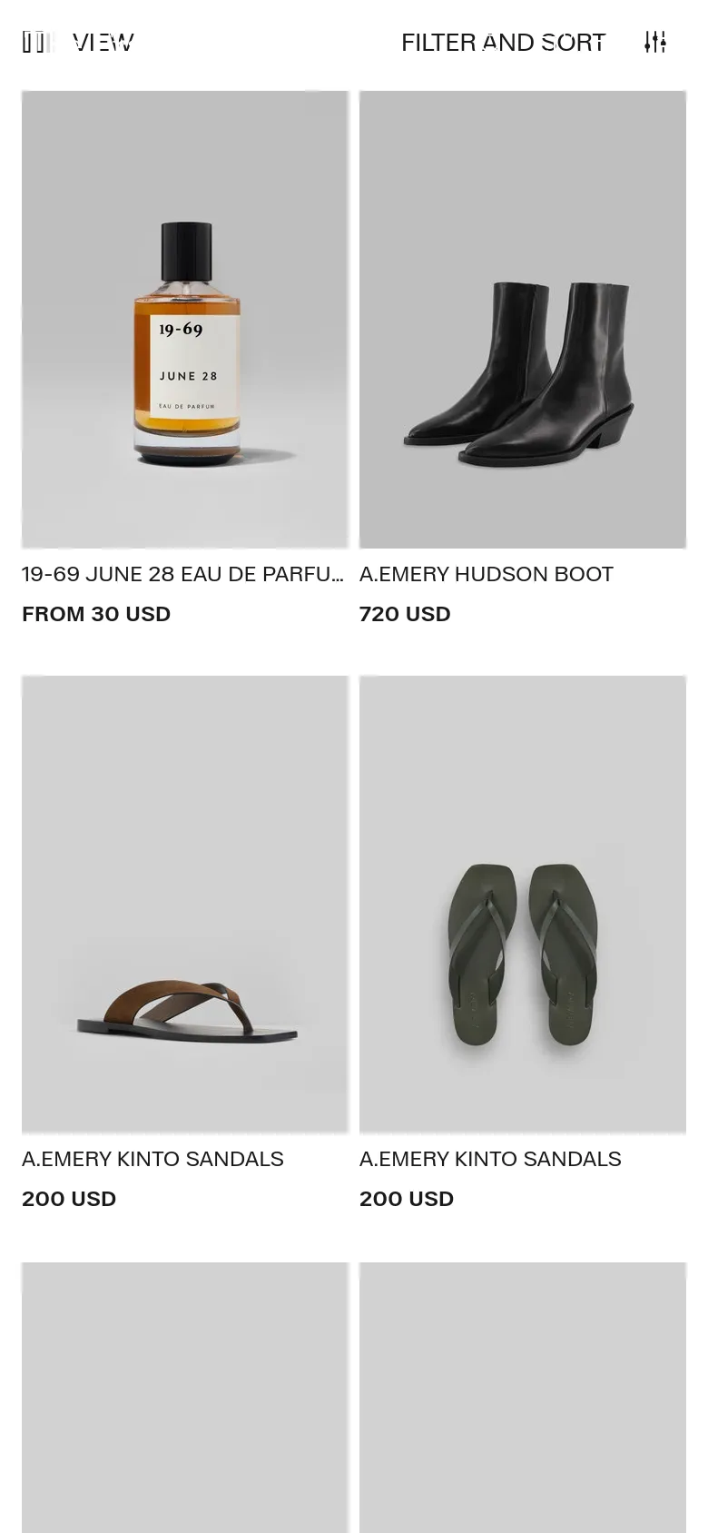 The mobile version displays the same product grid but in a more compact two-column layout to fit the narrower screen. The product images, names, and prices remain consistent with the desktop version, while the 'VIEW' and 'FILTER AND SORT' options are positioned at the top for easy thumb access.