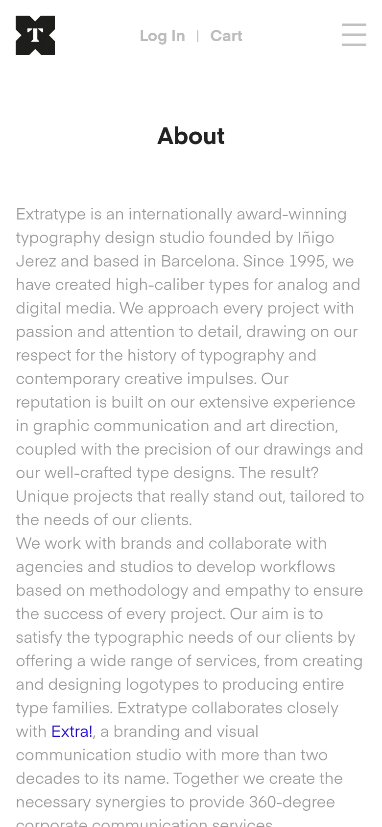The mobile version uses a simplified layout with a large black logo and a hamburger menu icon on the right. The 'About' heading is centered above the main body text, which spans the width of the screen, and the navigation links are hidden within the menu icon.