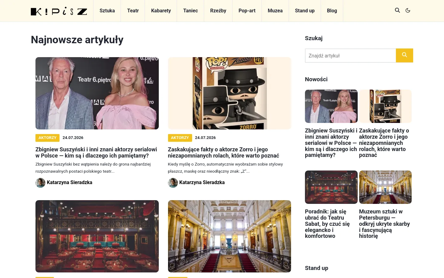 The desktop blog page features a clean white background with a top navigation bar containing the logo and category links like Sztuka and Teatr. The main content area displays a grid of recent articles under the heading 'Najnowsze artykuły', each with a large featured image, category tag, date, title, and author profile. A right-hand sidebar includes a search bar, a 'Nowości' section with smaller article thumbnails, and a 'Stand up' heading.