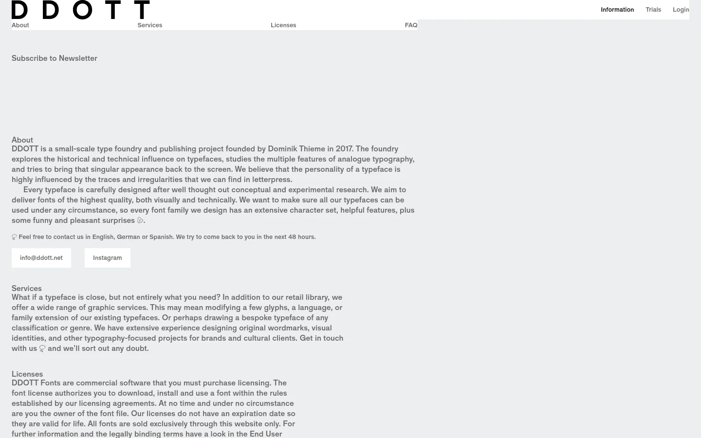 The desktop page features a minimalist design with a white background and black sans-serif typography. A top navigation bar includes the DDOTT logo and links for About, Services, Licenses, FAQ, Information, Trials, and Login. The content is arranged in a single column with large headings for 'Subscribe to Newsletter', 'About', 'Services', and 'Licenses', followed by contact links and an Instagram button.