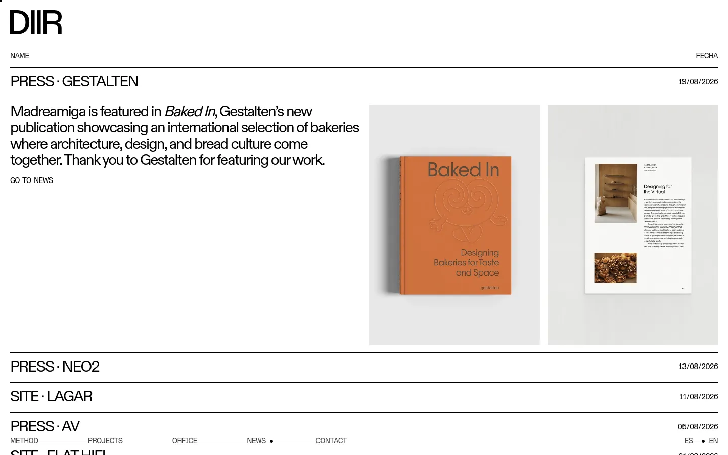 The News page features a minimalist white layout with black text and a clean grid structure. The top section highlights a news item titled 'PRESS · GESTALTEN' with a descriptive paragraph, a 'GO TO NEWS' link, and two large images of the 'Baked In' book, one showing the orange cover and the other an open page. Below, a list of other news entries is organized by name and date with thin horizontal dividers.