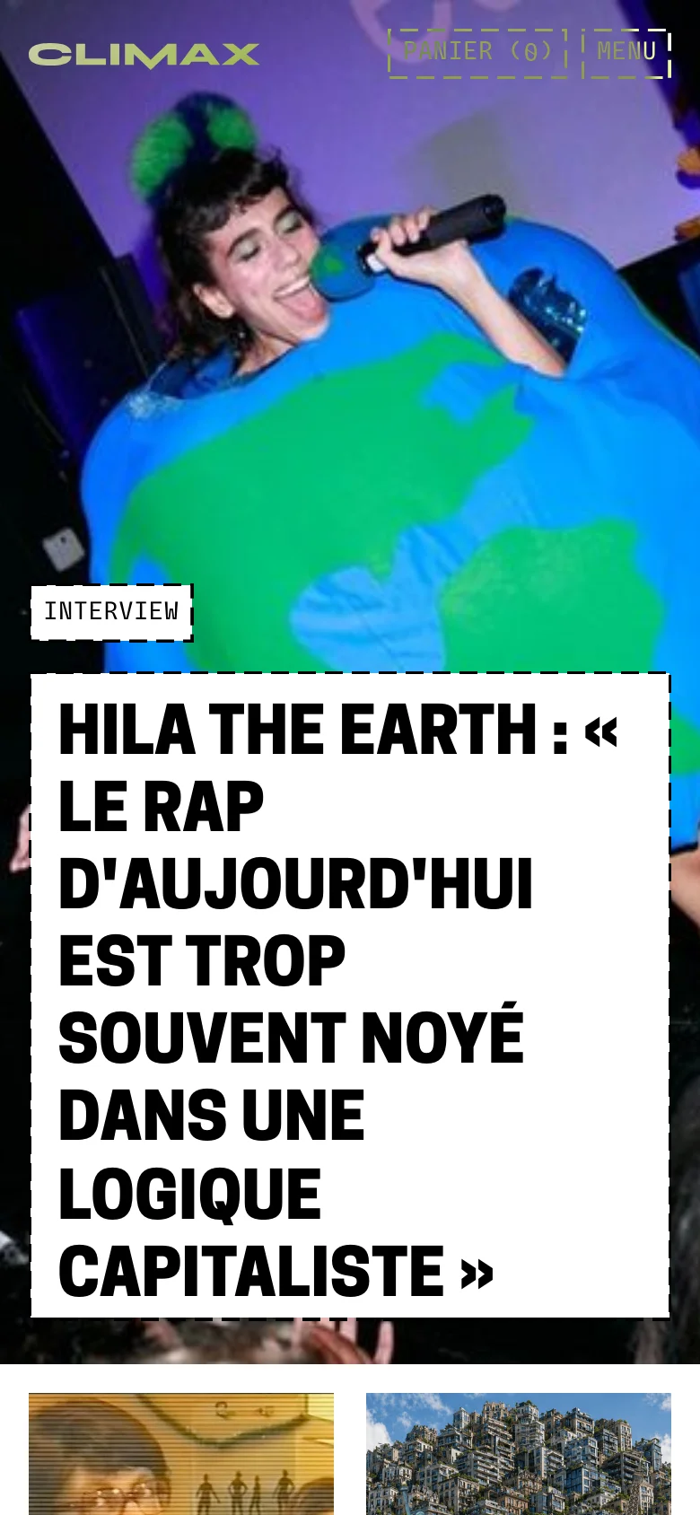 The mobile version presents a vertically stacked layout, starting with a large hero image and a prominent headline about Hila the Earth. The navigation is condensed into a 'MENU' button at the top right, and article cards follow below in a single-column format for easier scrolling. The color palette remains dark with high-contrast white text and colorful imagery.