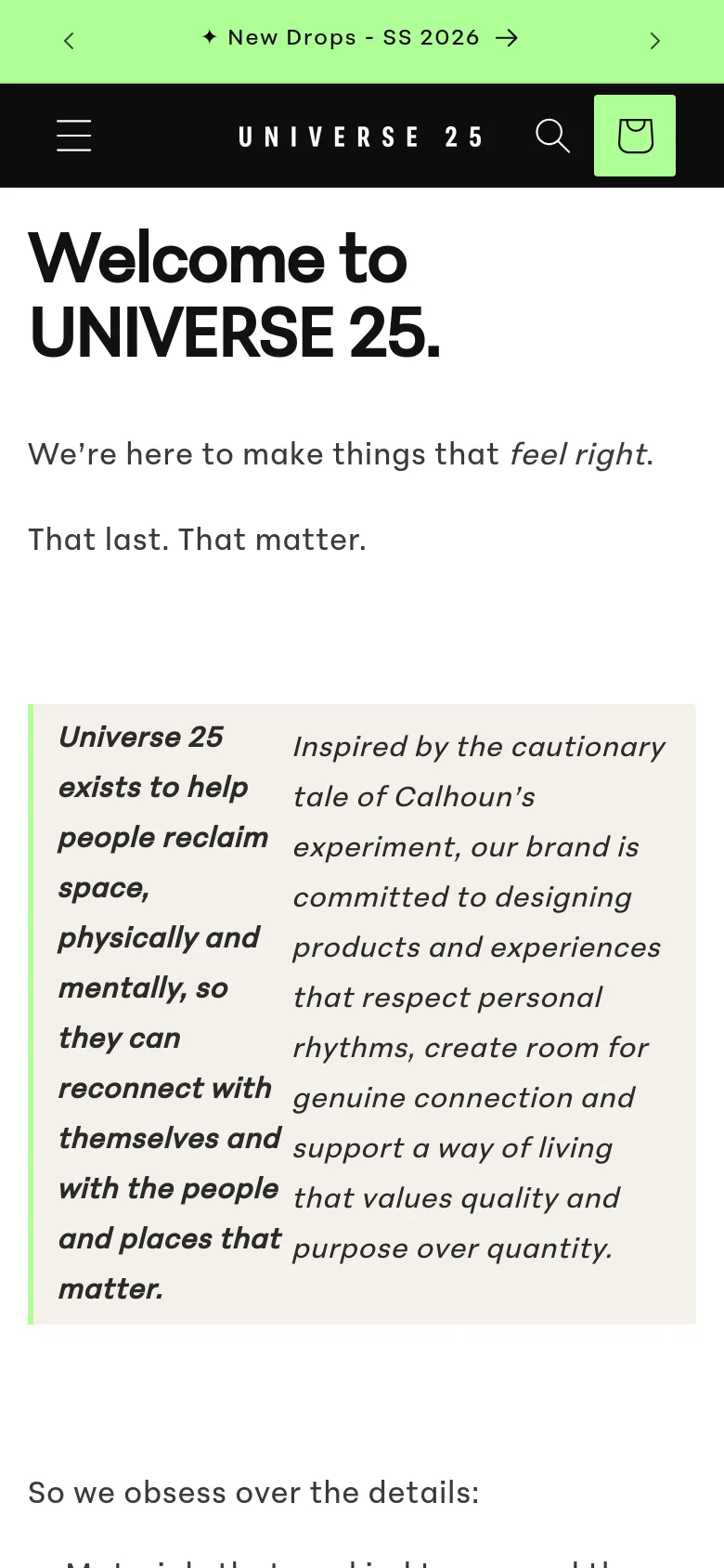 The mobile version uses a simplified header with a hamburger menu, brand name, search icon, and shopping bag icon. The content is vertically stacked, centering the large headline and text blocks, with the beige quote box spanning the width of the screen.