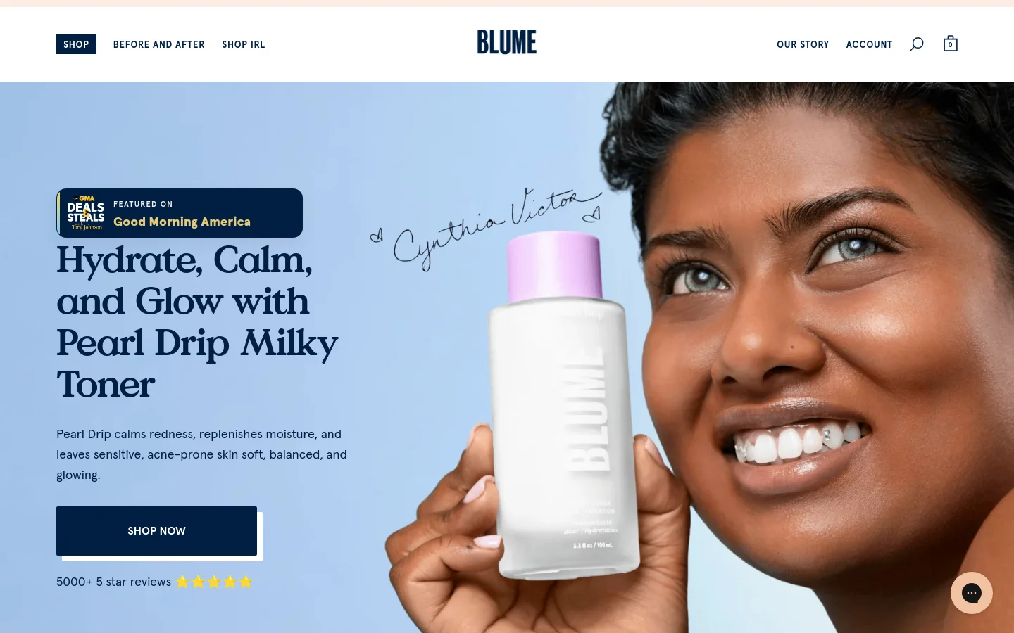 The desktop homepage features a clean, minimalist design with a light blue background. A large hero section showcases a woman holding a bottle of Pearl Drip Milky Toner next to the headline 'Hydrate, Calm, and Glow with Pearl Drip Milky Toner' and a dark blue 'SHOP NOW' button. The top navigation includes links for Shop, Before and After, Shop IRL, Our Story, and Account, alongside a search icon and shopping bag.