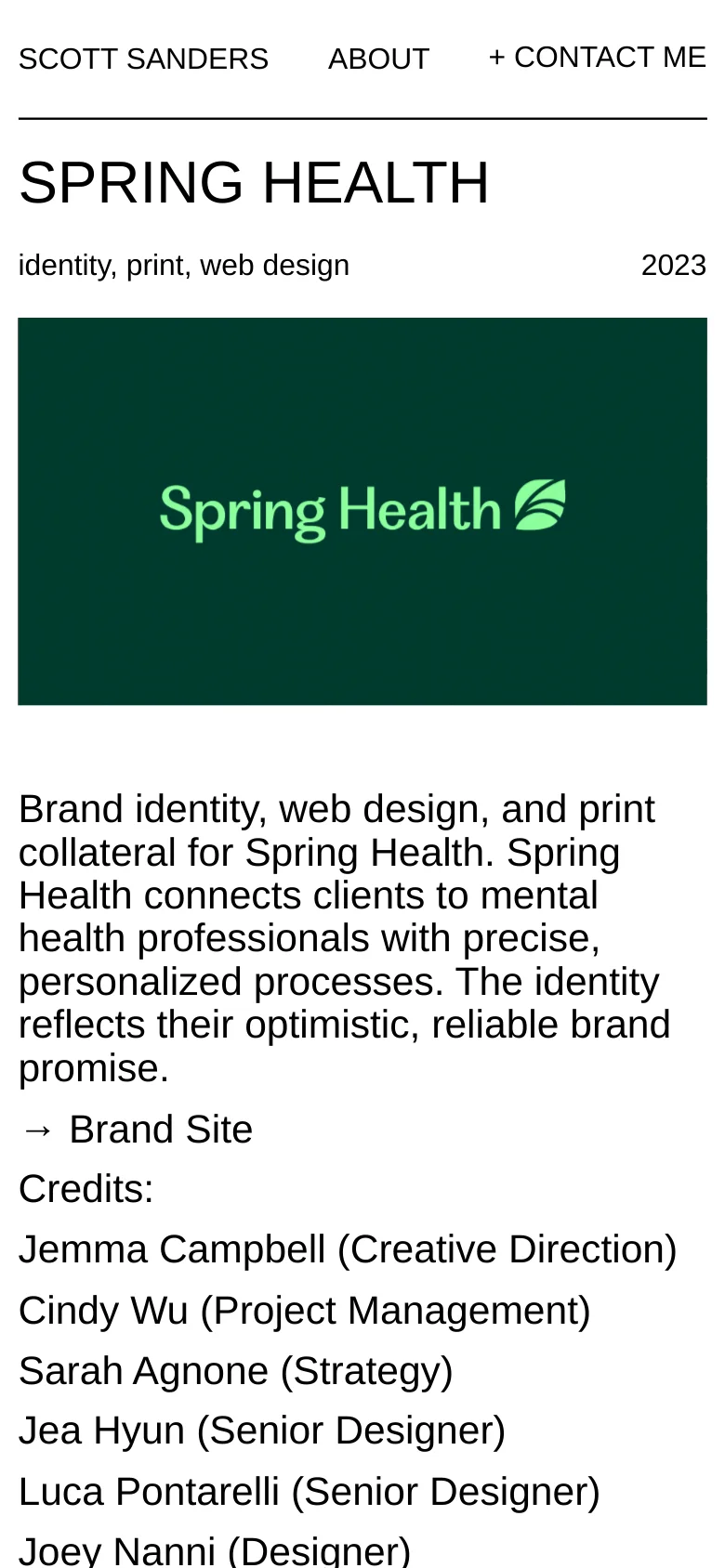 The mobile version uses a single-column layout optimized for vertical scrolling. The navigation links are stacked at the top, followed by the 'SPRING HEALTH' headline, project description, and a large, full-width dark green hero image featuring the Spring Health logo.