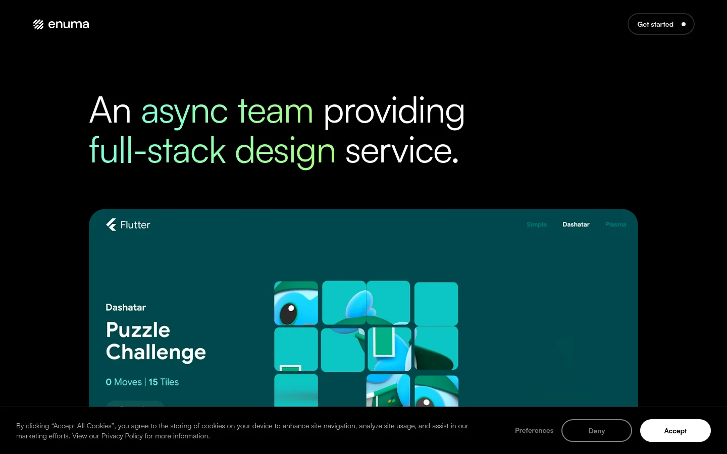 Desktop homepage for Enuma featuring a dark theme with a large hero headline in white and green text. Below the headline is a large dark teal card displaying a Flutter puzzle game interface, and a 'Get started' button is located in the top right corner.