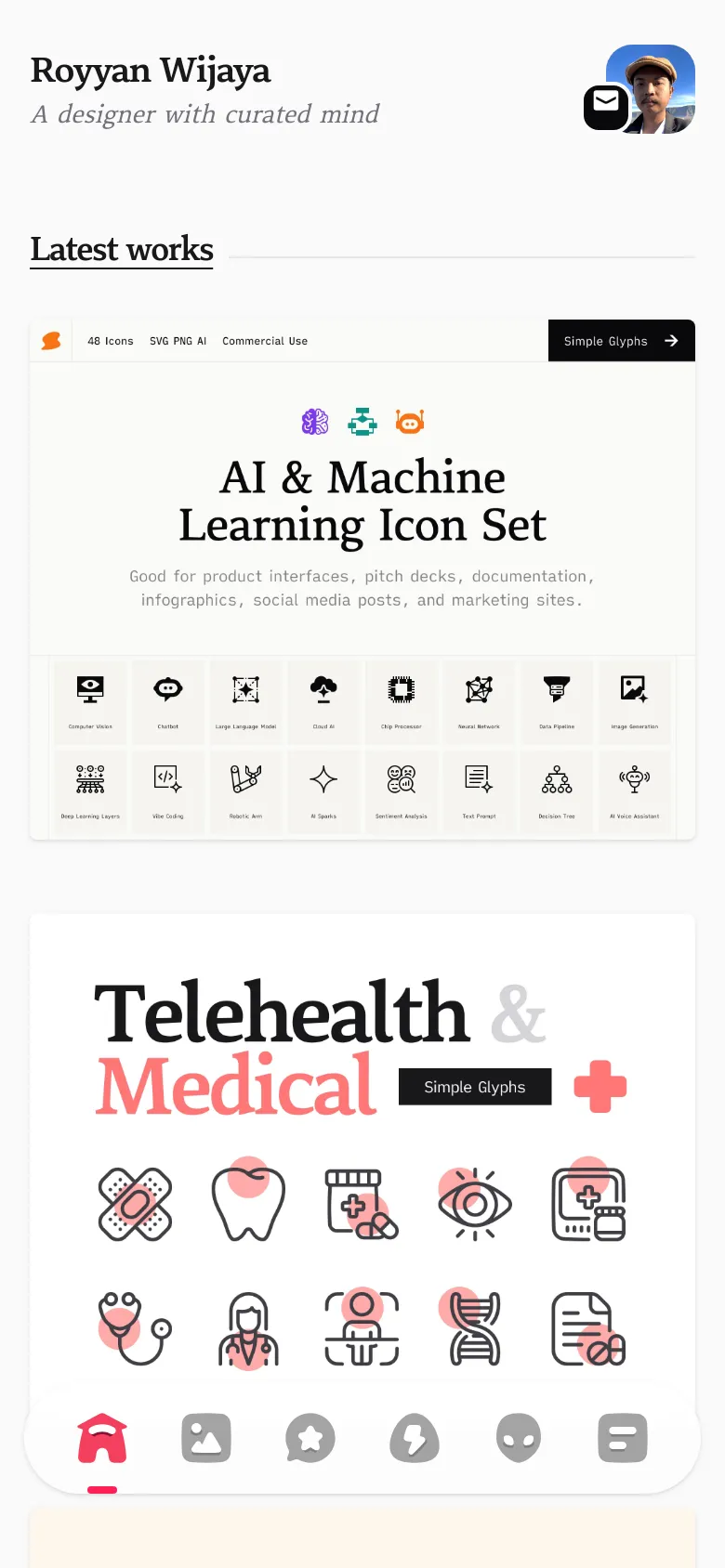 The mobile version presents a single-column vertical layout with the header, tagline, and profile image stacked at the top. The 'Latest works' grid transitions to a vertical stack of large, full-width project images, and a floating white navigation bar with circular icons appears at the bottom of the screen.