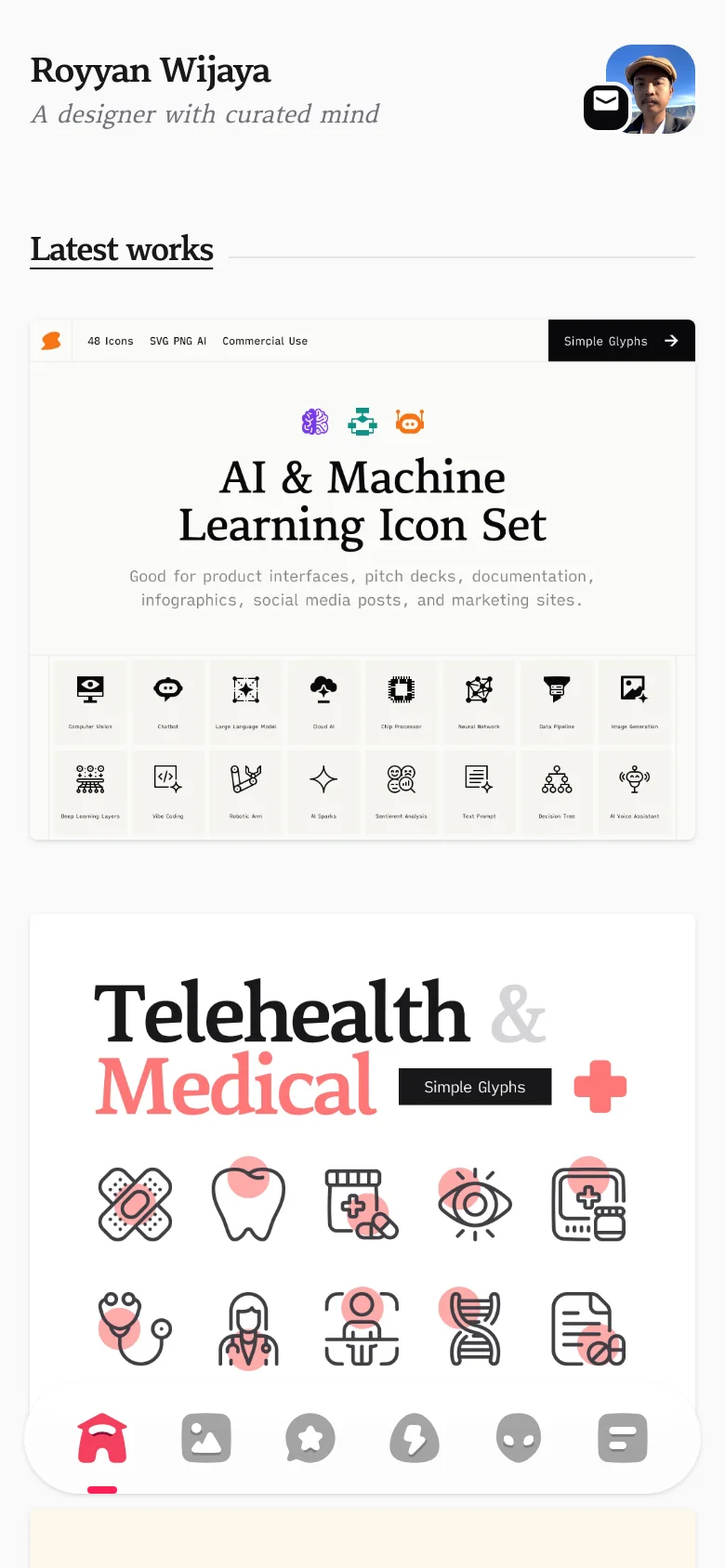 The mobile version presents a single-column vertical layout with the header, tagline, and profile image stacked at the top. The 'Latest works' grid transitions to a vertical stack of large, full-width project images, and a floating white navigation bar with circular icons appears at the bottom of the screen.
