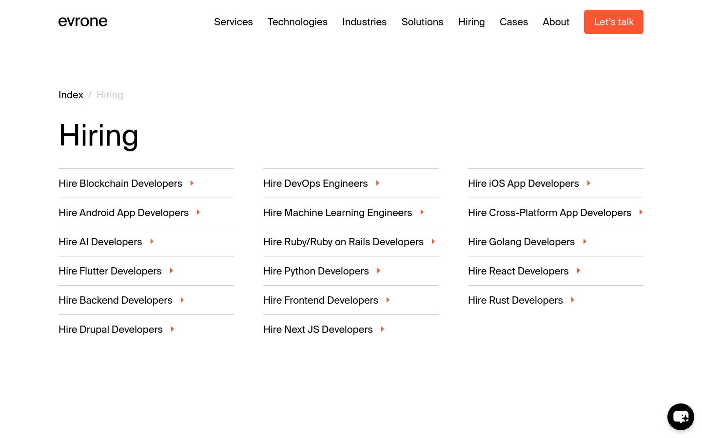 The desktop page features a clean white background with the 'evrone' logo and a navigation menu at the top. A large 'Hiring' headline is followed by a three-column grid of text links for various developer specialties, such as Blockchain, DevOps, and iOS developers. A bright orange 'Let's talk' button is prominent in the header.