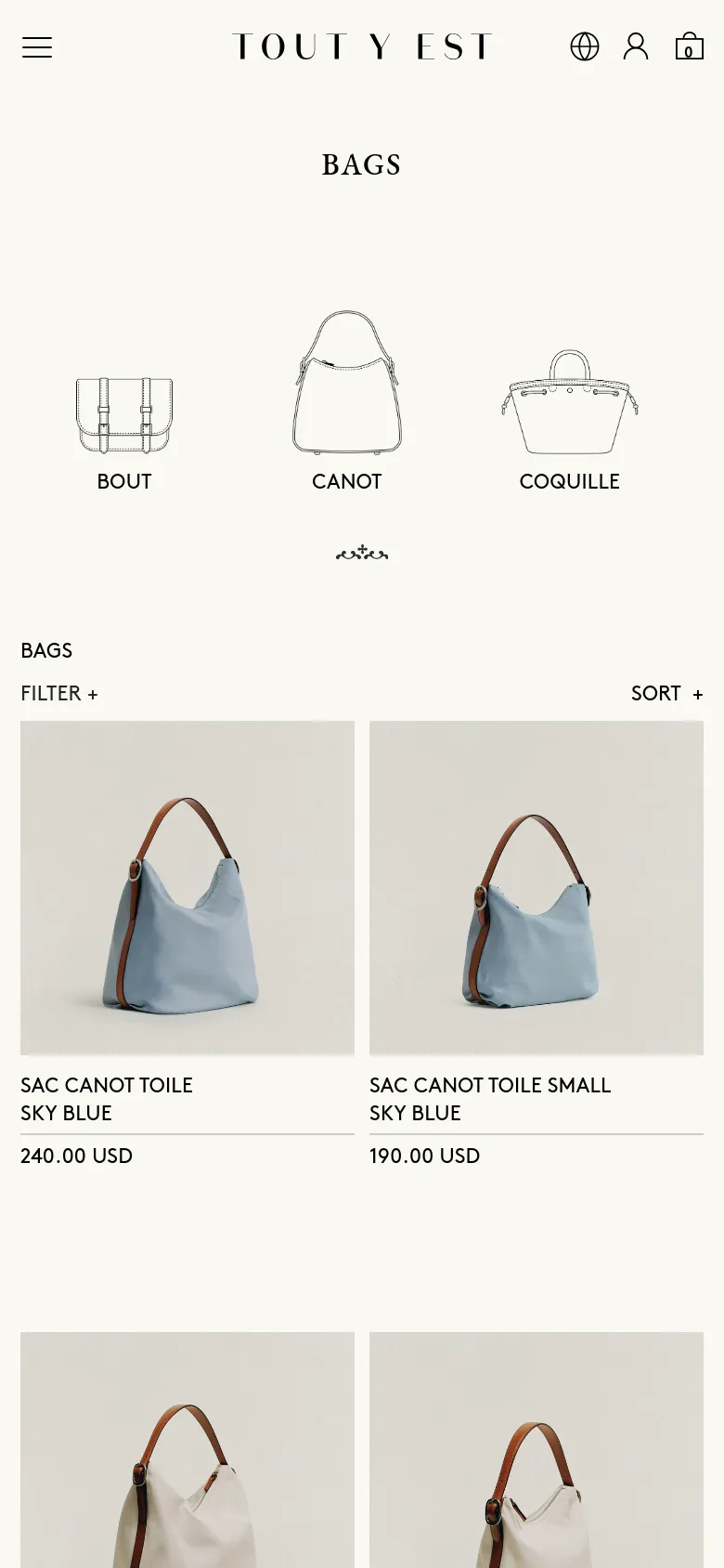 The mobile version displays the 'BAGS' collection with a centered headline and a vertical arrangement of bag category illustrations, such as 'BOUT', 'CANOT', and 'COQUILLE'. The navigation is condensed into a hamburger menu, and the product grid below shows large images of bags with titles and prices like 'SAC CANOT TOILE SKY BLUE' at 240.00 USD.