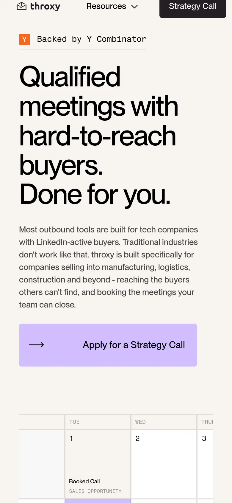 Throxy mobile homepage with a single-column stacked layout. The hero headline and descriptive text reflow vertically above a simplified calendar view and a full-width purple Apply for a Strategy Call button.