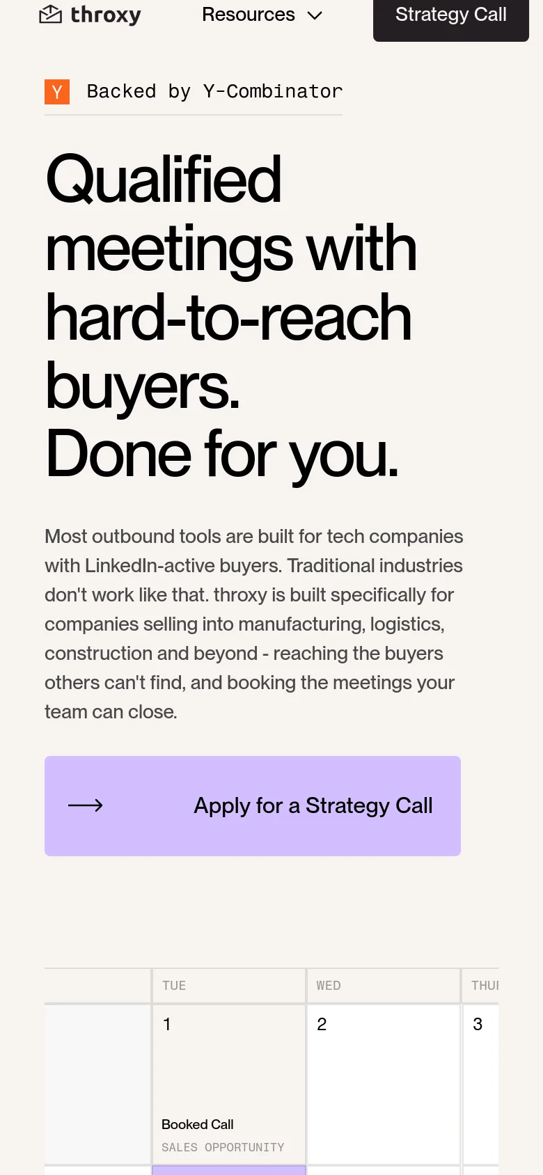 Throxy mobile homepage with a single-column stacked layout. The hero headline and descriptive text reflow vertically above a simplified calendar view and a full-width purple Apply for a Strategy Call button.