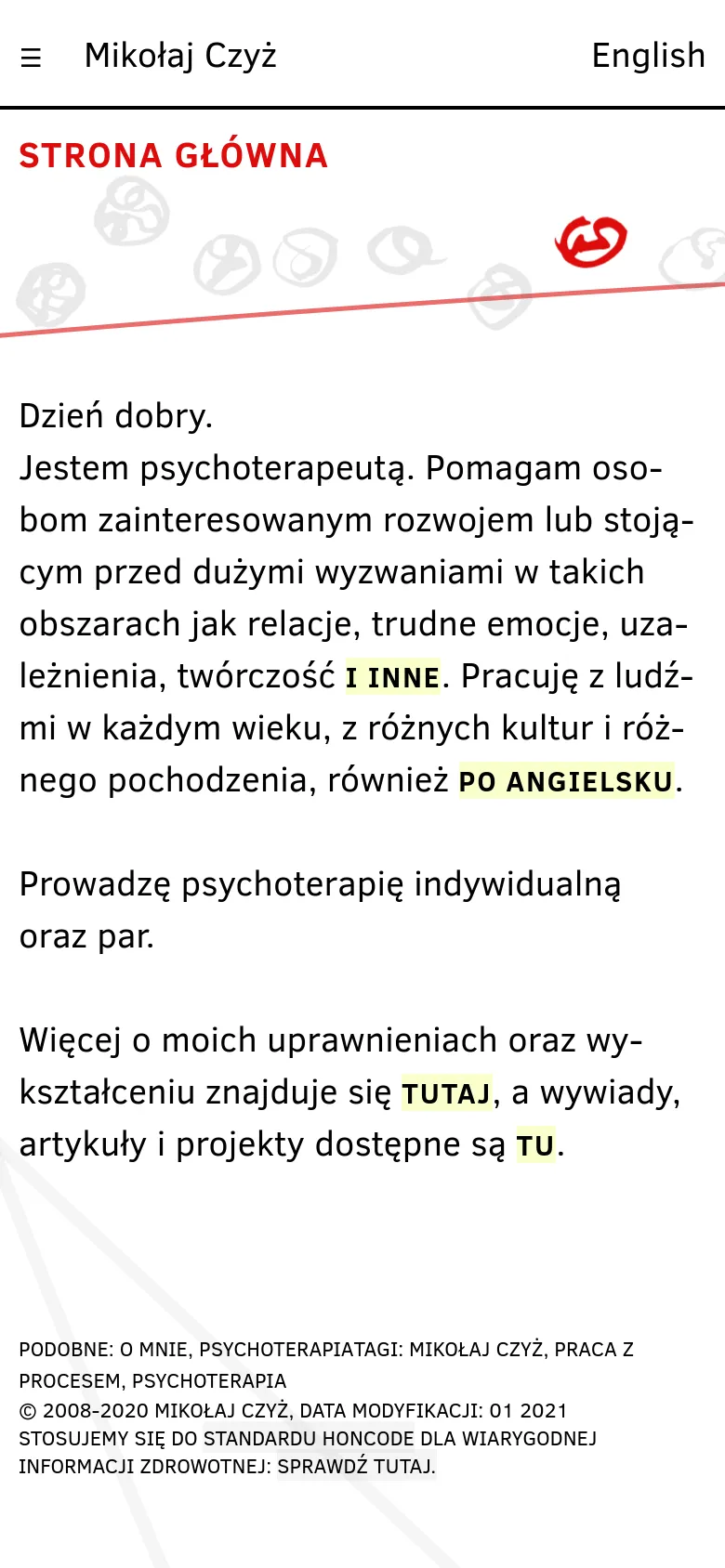 The mobile version presents a simplified, vertically stacked layout with a hamburger menu icon and the name Mikołaj Czyż at the top. The hero section features a large red headline 'STRONA GŁÓWNA' above abstract line art, followed by the main introductory text in a single column for easy reading on small screens.